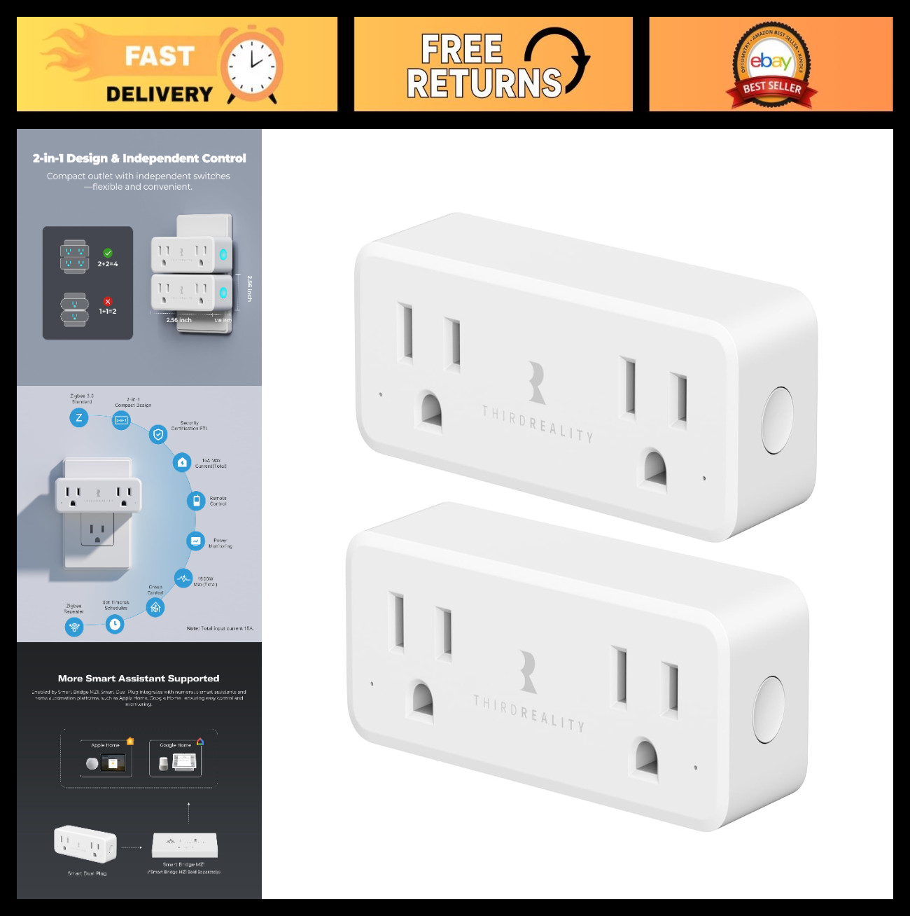 Smart Dual Plug 2 Pack - Zigbee 2-in-1 Smart Outlet, Power Monitoring, Compatibl