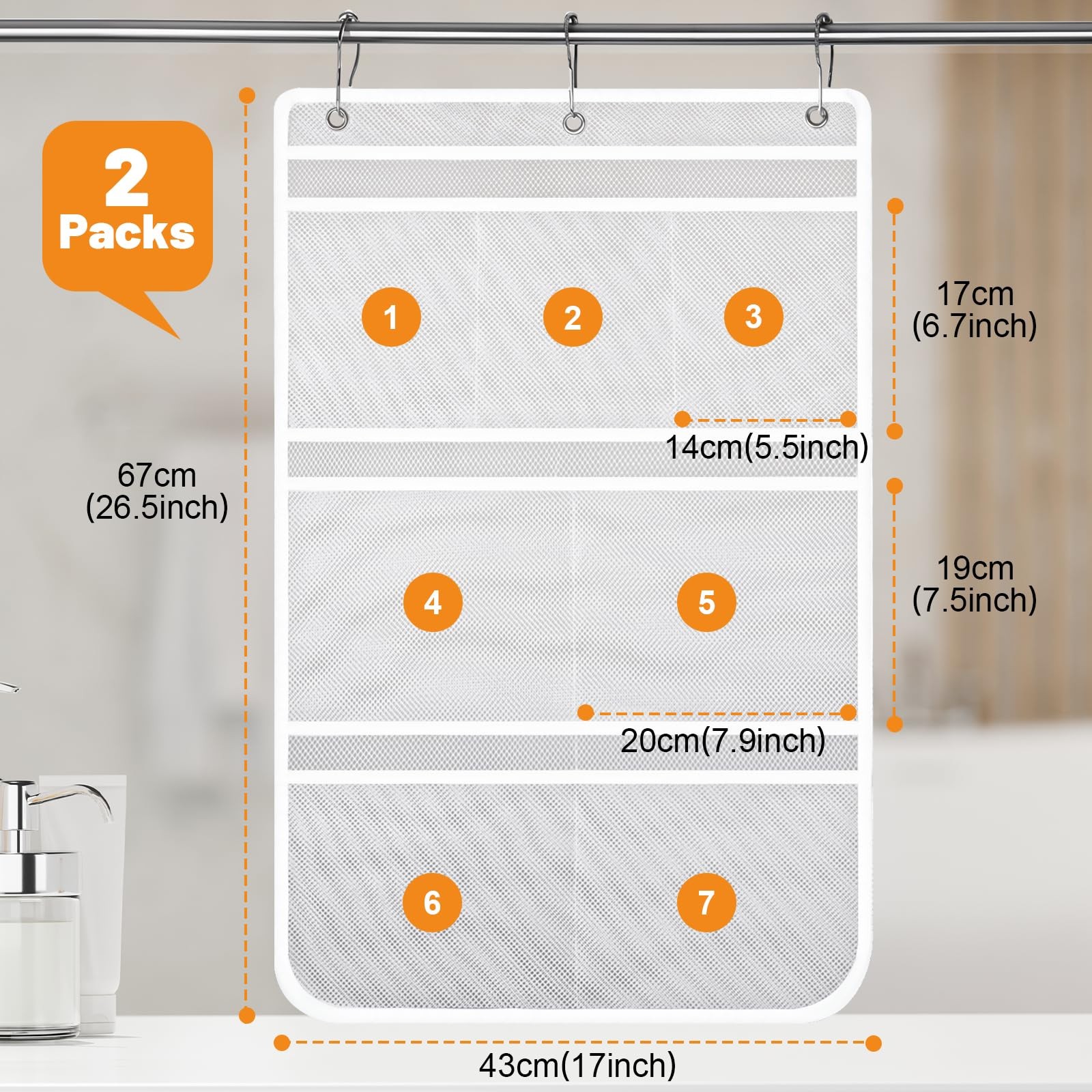 Dntorx 2 Pack Mesh Shower Hanging Caddy, 7 Pockets White