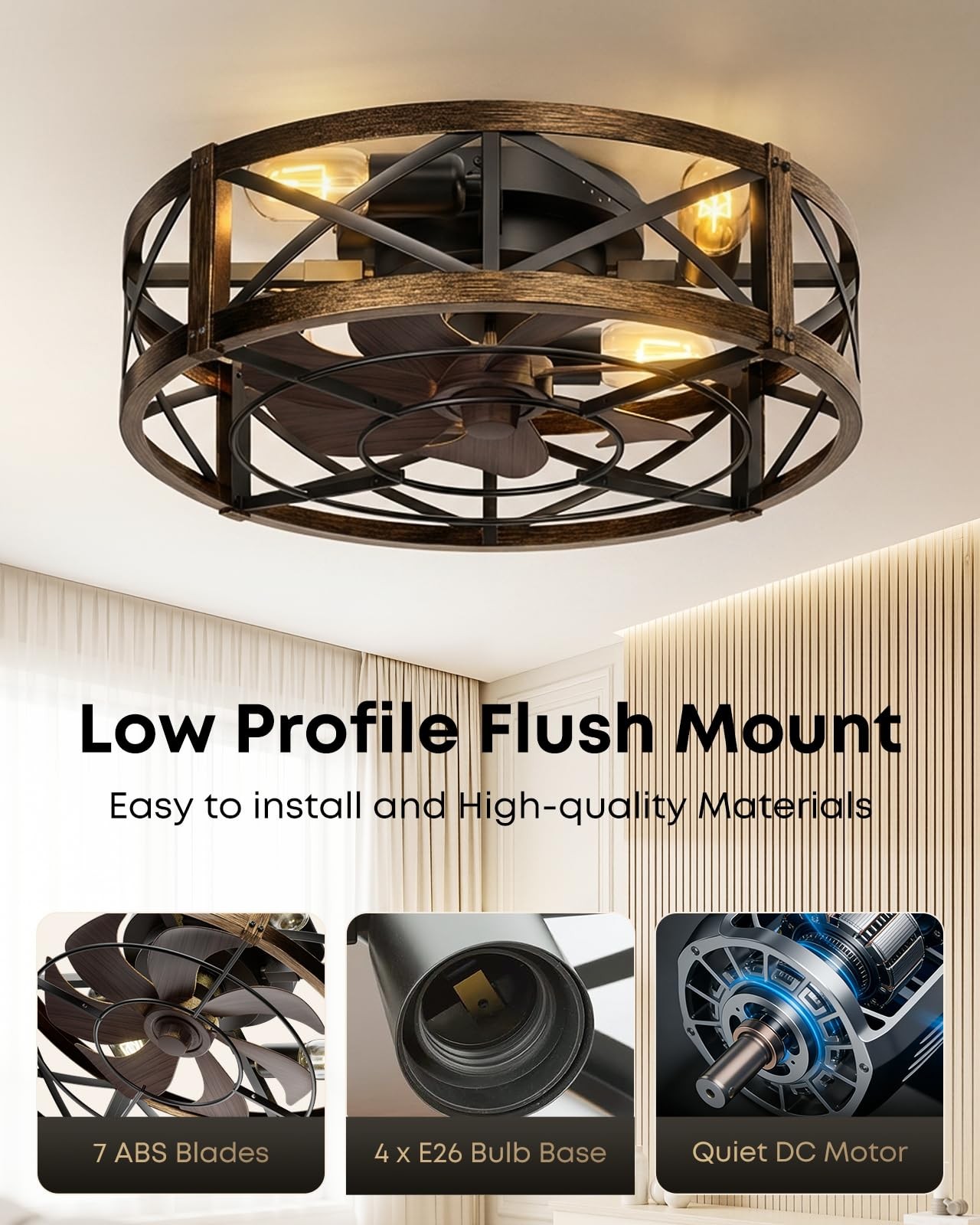 Caged Ceiling Fan with Light and Remote, 20" Low Profile Flush Mount Ceiling ...