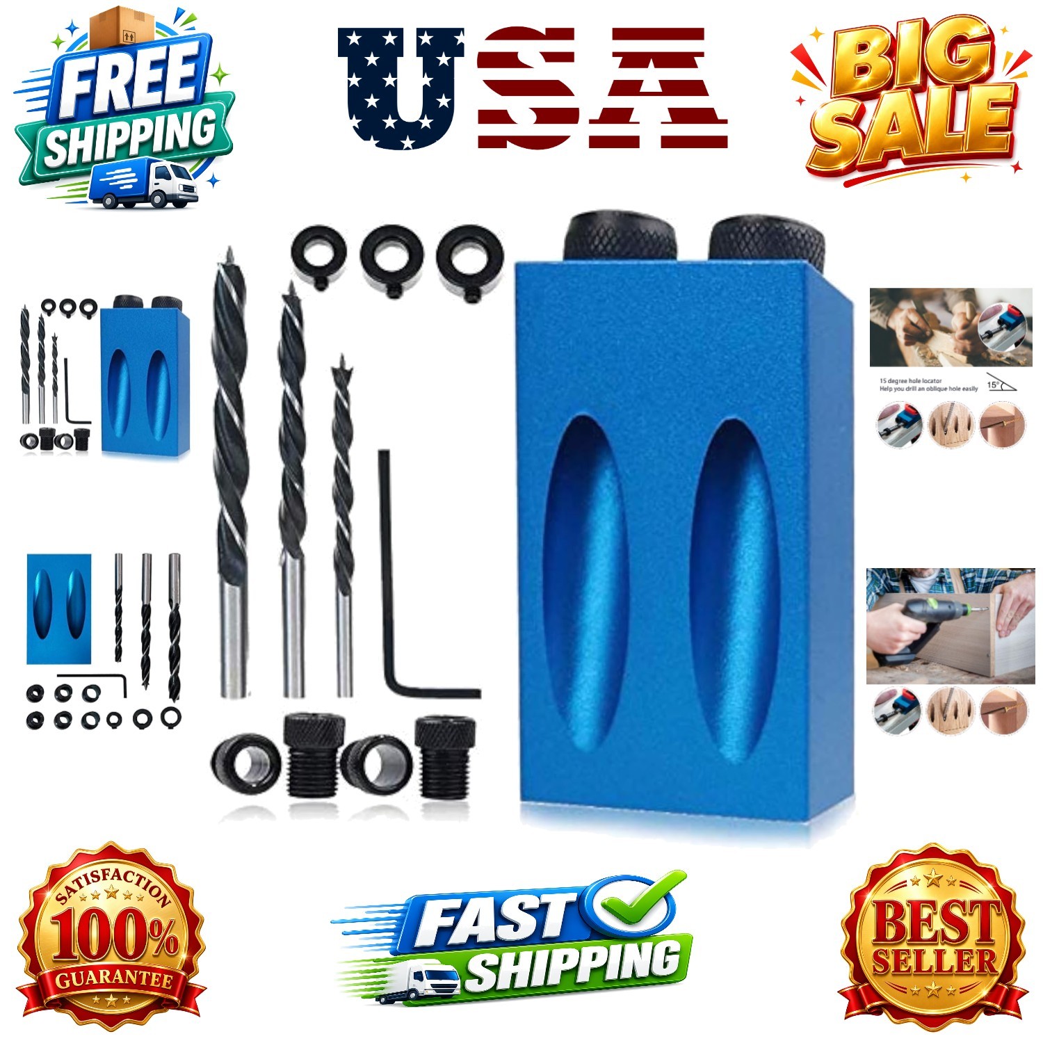 14Pcs Pocket Hole Jig Kit, 15 Degree Woodworking Inclined Hole Jig with 6/8/1...