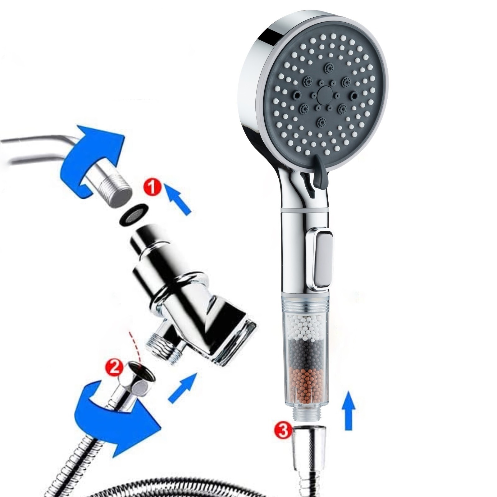 Filtered Handheld Shower Head Button On/Off Select High Pressure 6 Spray Mode