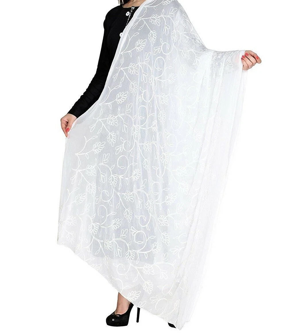 Dupatta Women Indian White Stole Chiffon Scarf Embroidered Party Wear Shawl