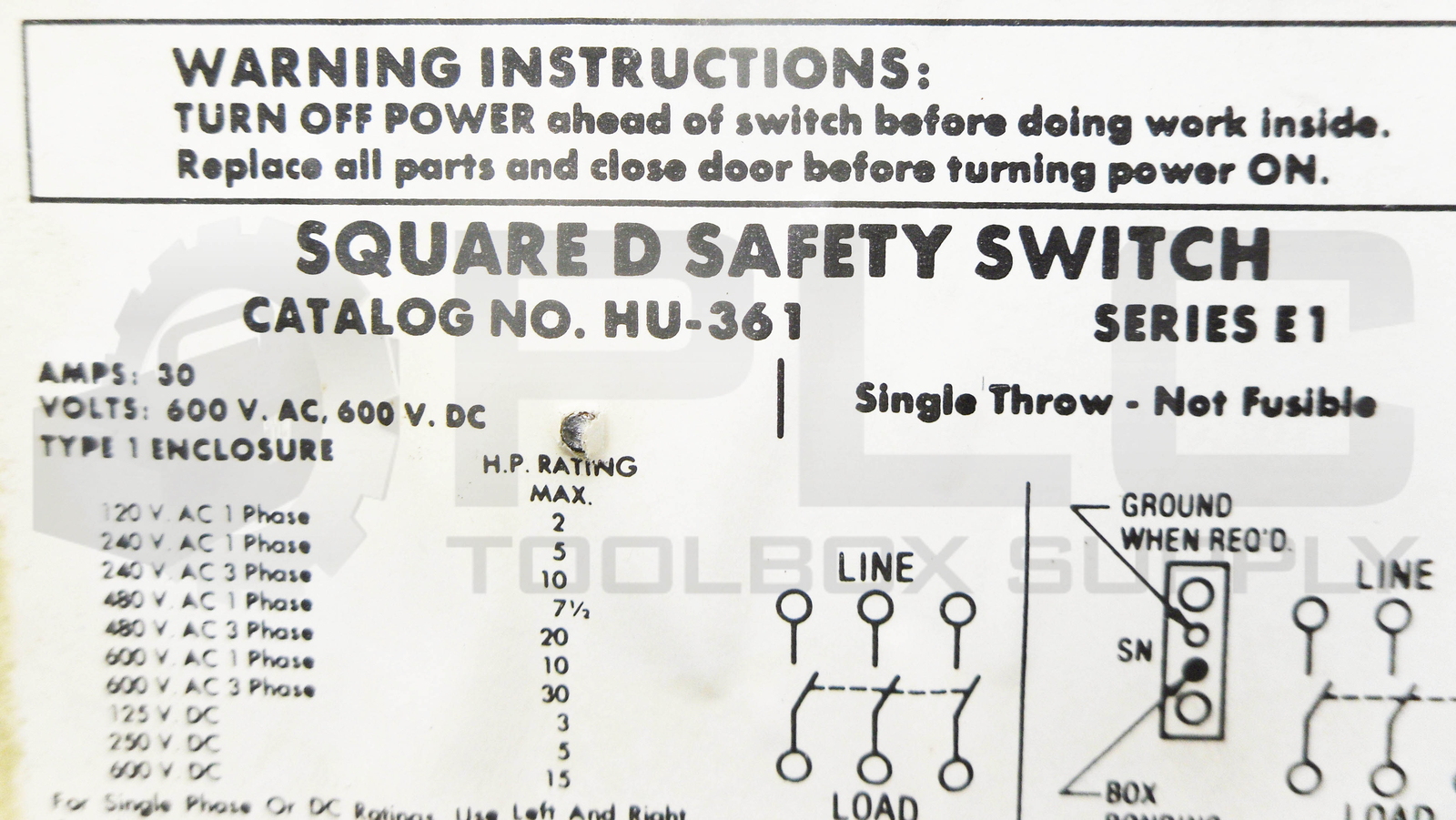 SQUARE D HU-361 SAFETY SWITCH SERIES E1