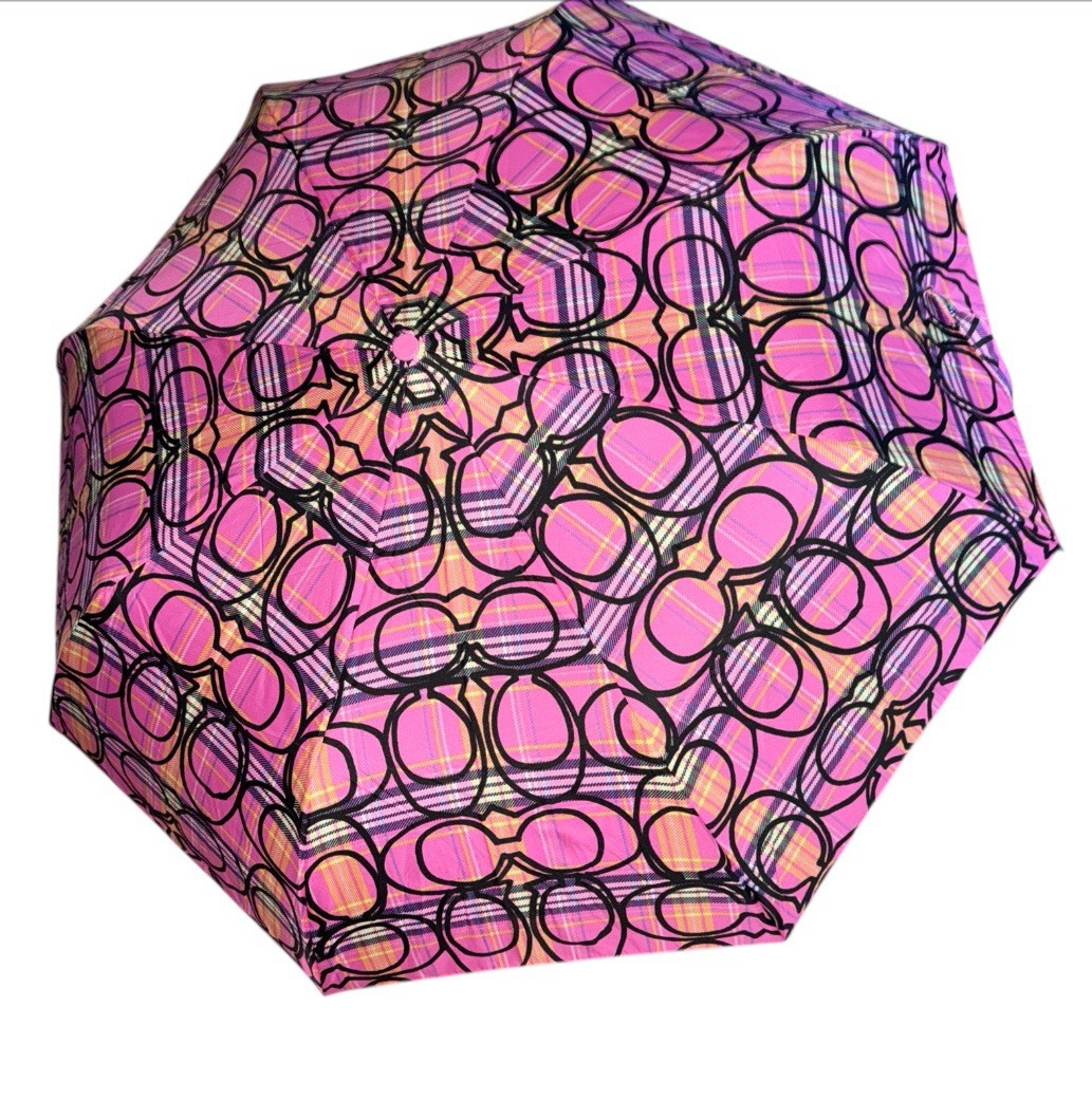 Coach Signature Pink Multicolor Optic Folding Umbrella Push Button NWOT