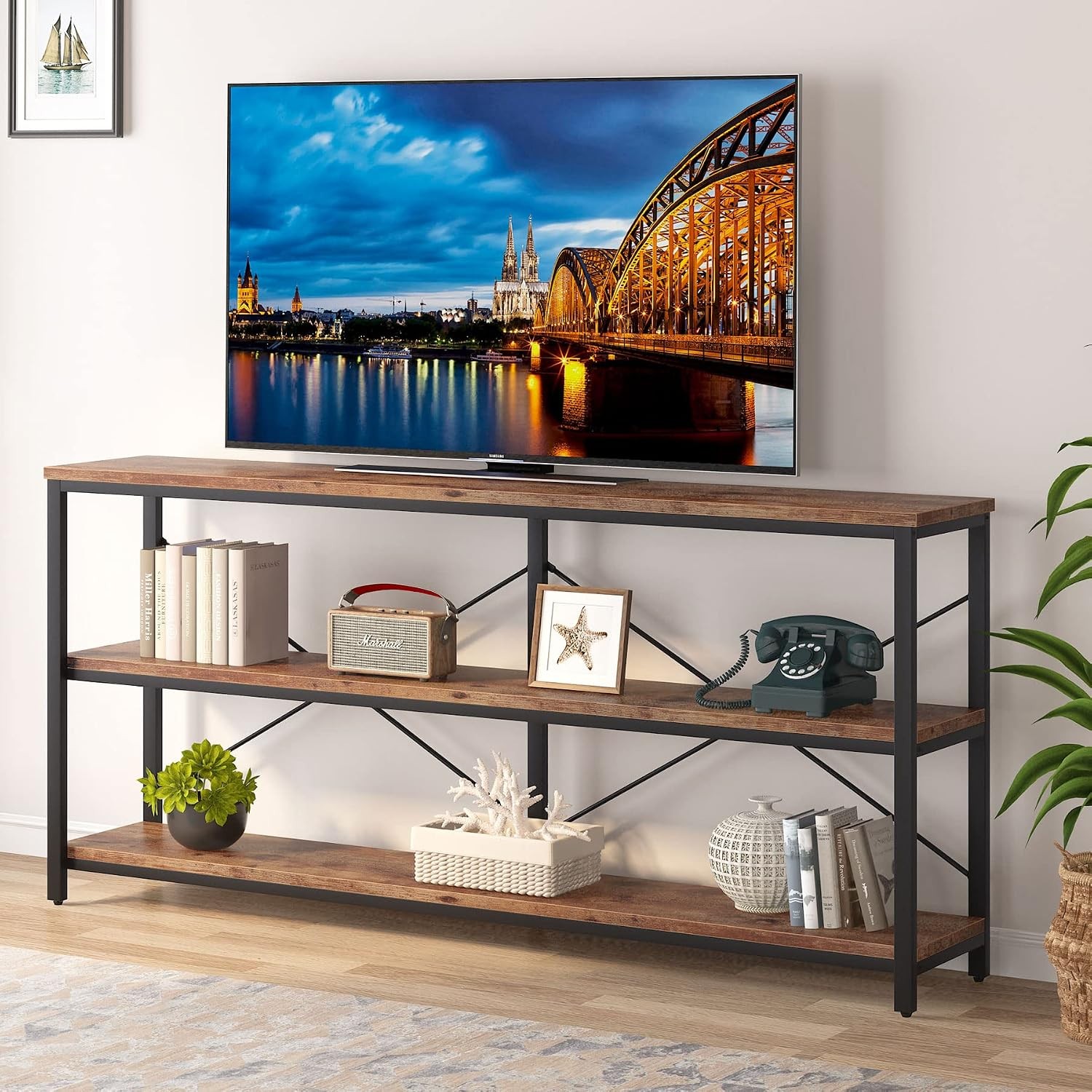 70.9" Extra Long Console Table, 3-Tier Industrial Sofa Table with Metal Frame