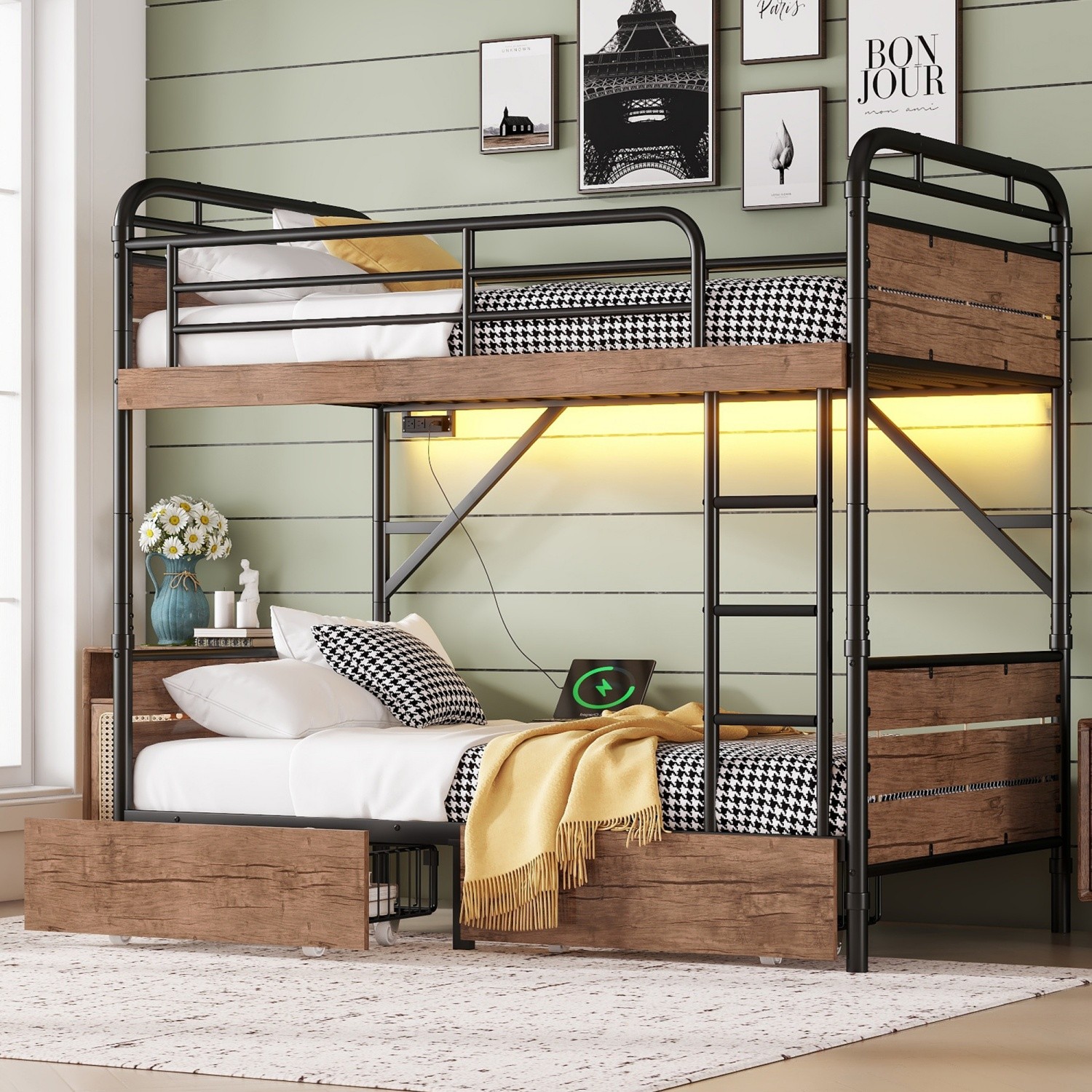 Twin XL Over Twin XL Metal Bunk Bed Converts to 2 Beds w/ 2 Drawers & LED Lights