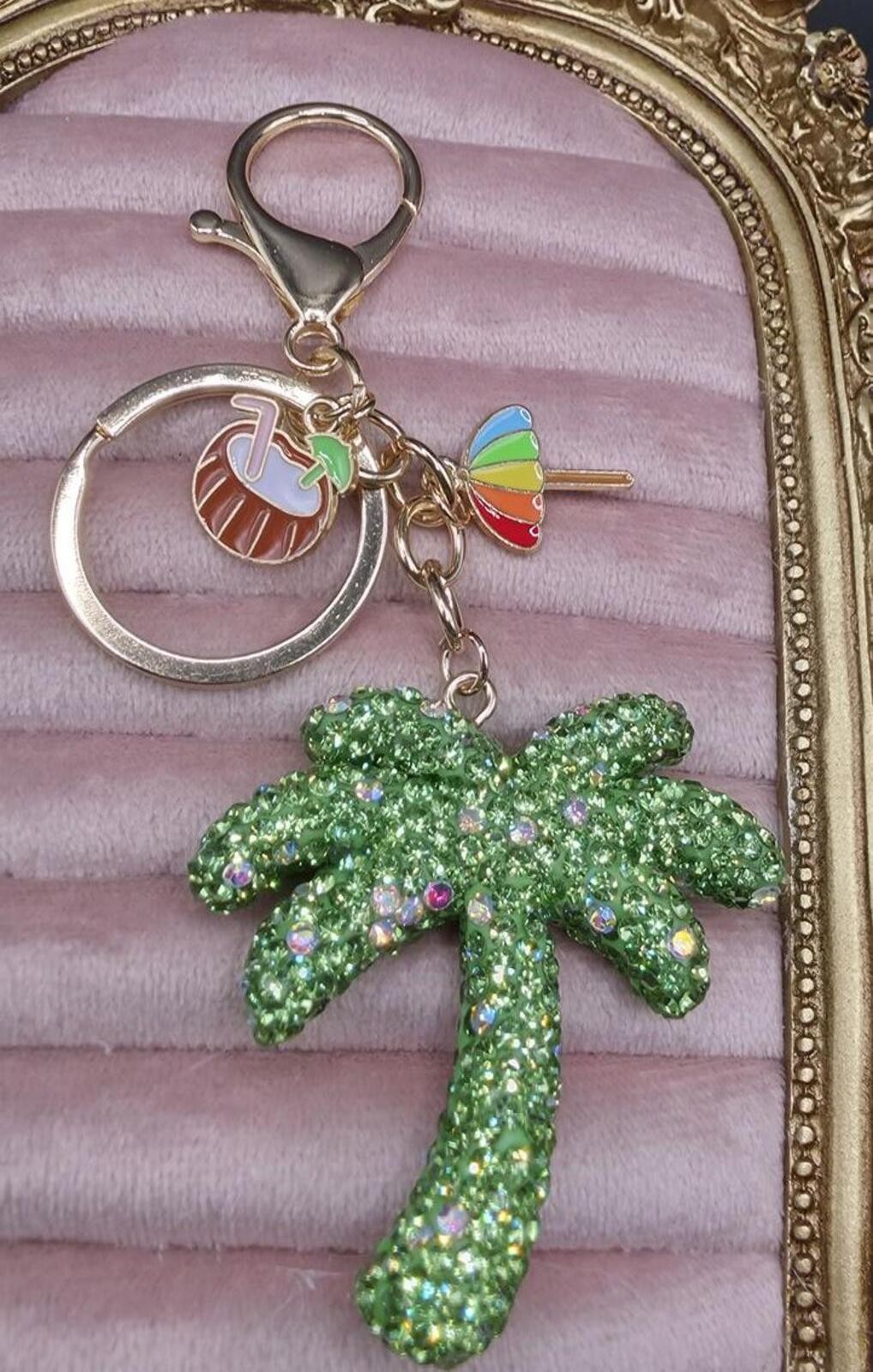 Green Rhinestone Palm Tree Keychain Bag Charm