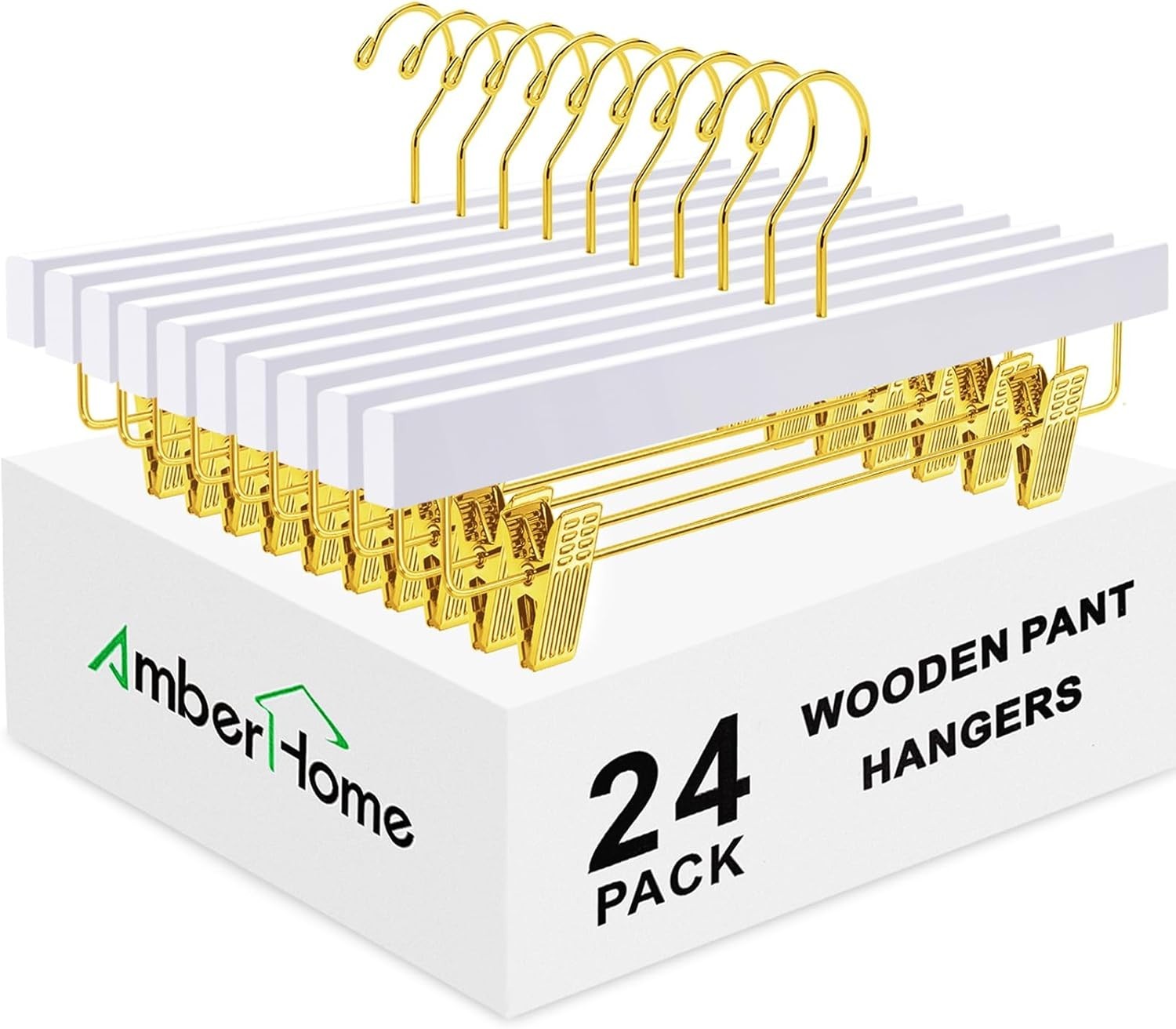 24 Pack White Wooden Pants Hangers W/ Gold Clips Wood Skirt & Trouser Hangers