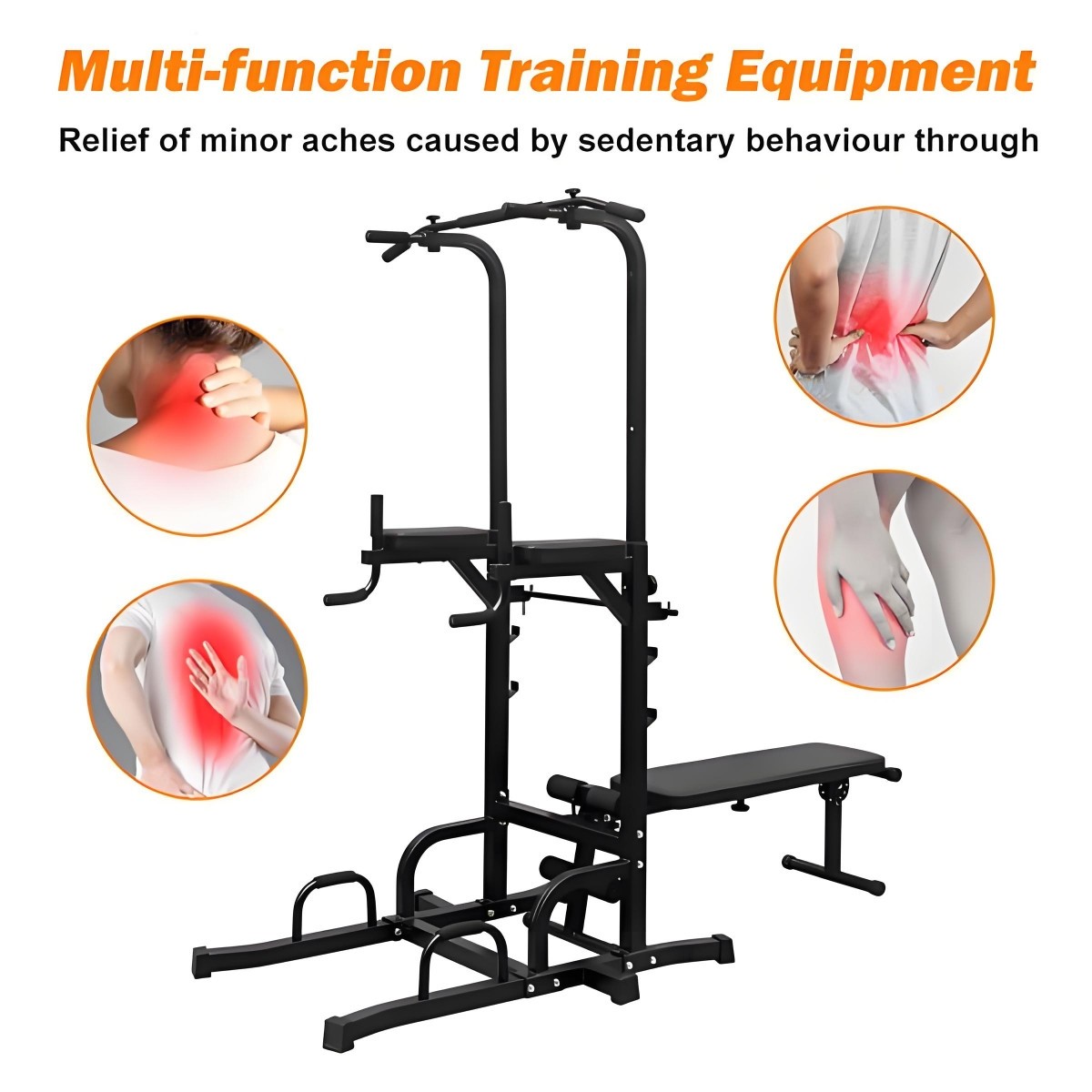 Power Tower with Bench- 7 Adjustable Height Pull Up Bar & Dip Station