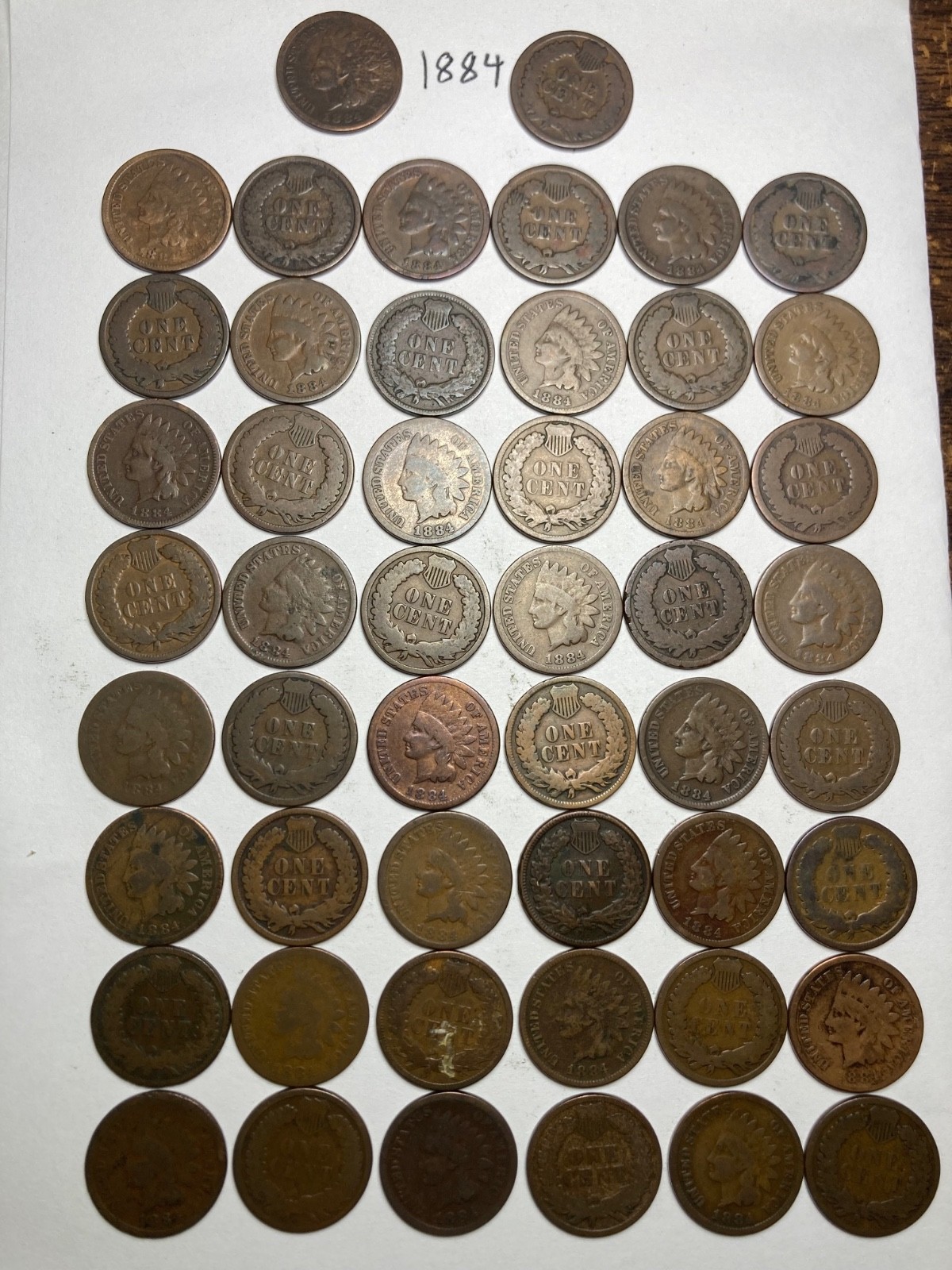 1884 INDIAN CENT ROLL, 50 nice condition coins, 141 year old coins