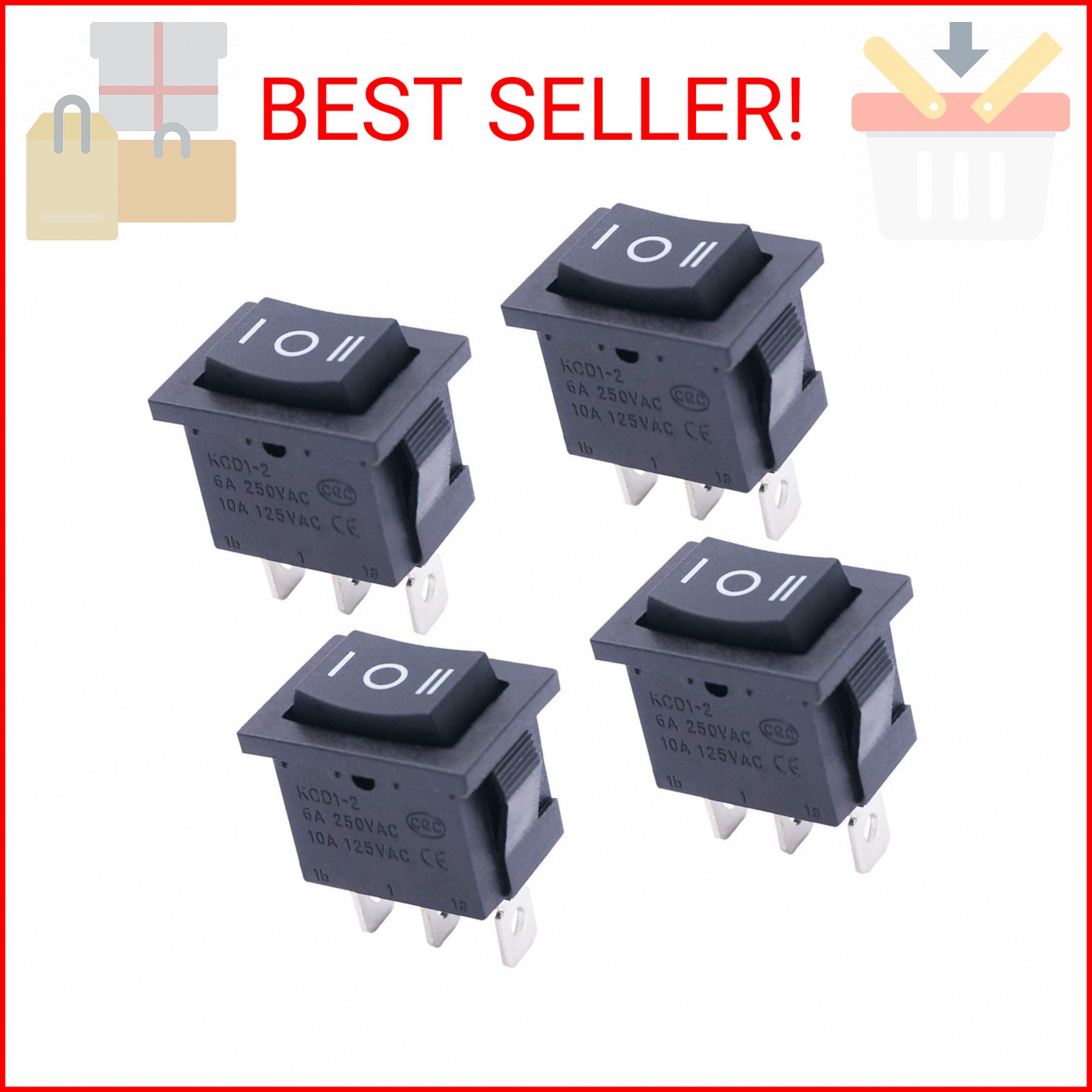 TWTADE / 4Pcs Square Momentary Rocker Switch (ON)-Off-(ON) SPDT 3 Pin 3 Position