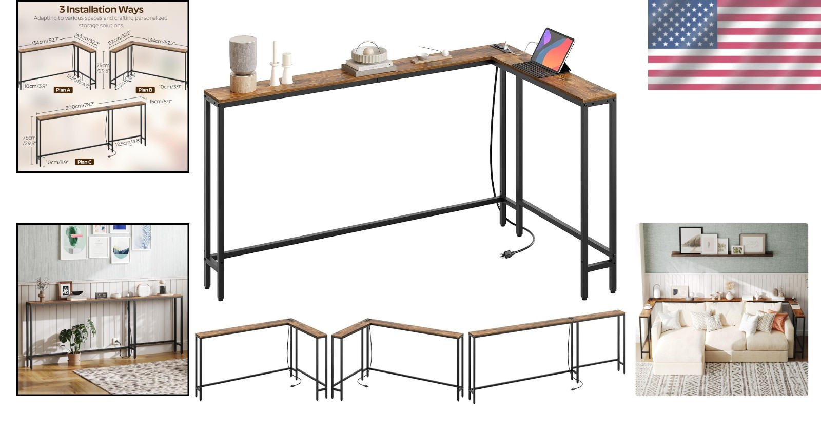 Rustic Brown 78.7" Extra Long Console Table - Built-in Charging Station