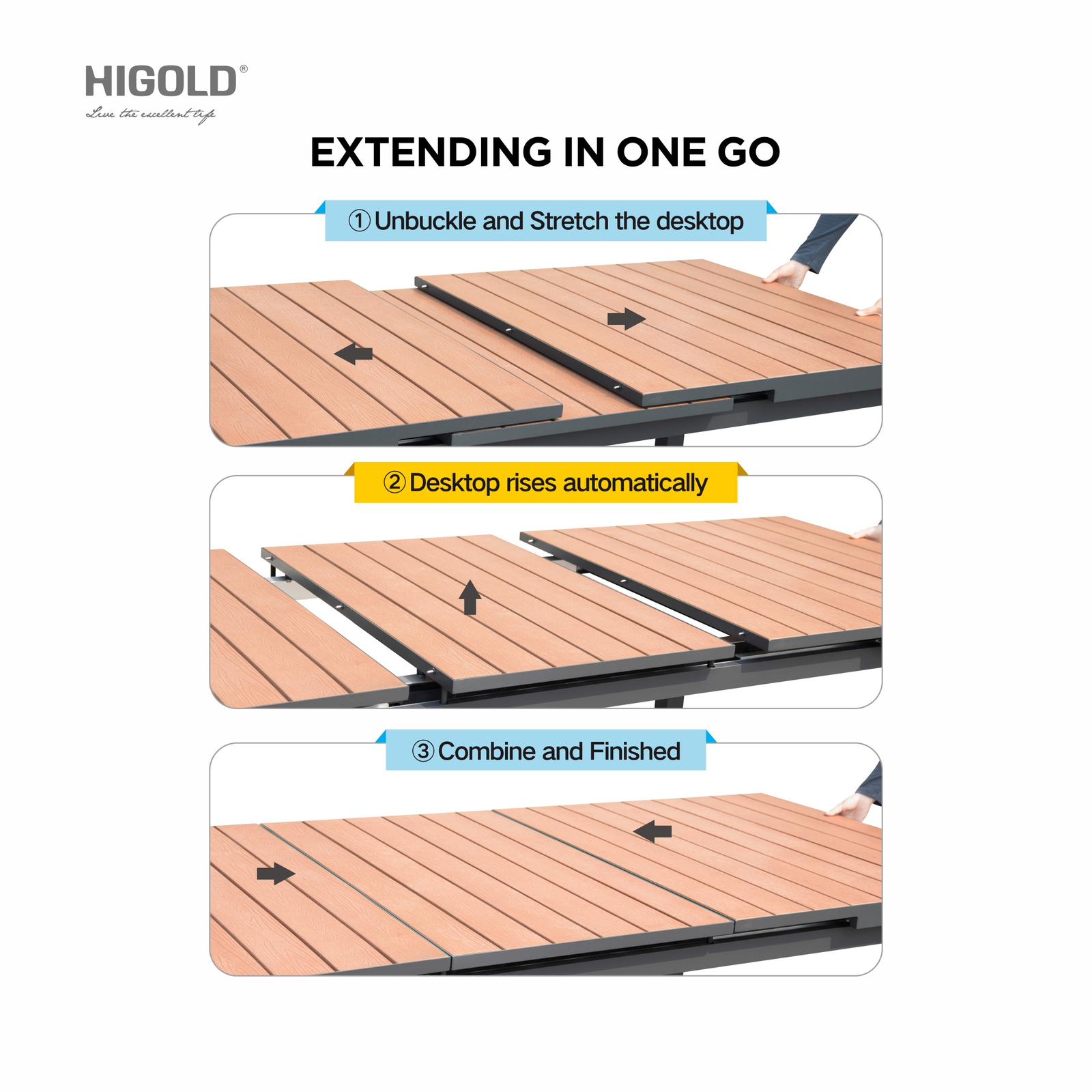 HIGOLD Carlo 8+1 pieces extendable Outdoor Dining set, Faux Wood Slats Tabletop