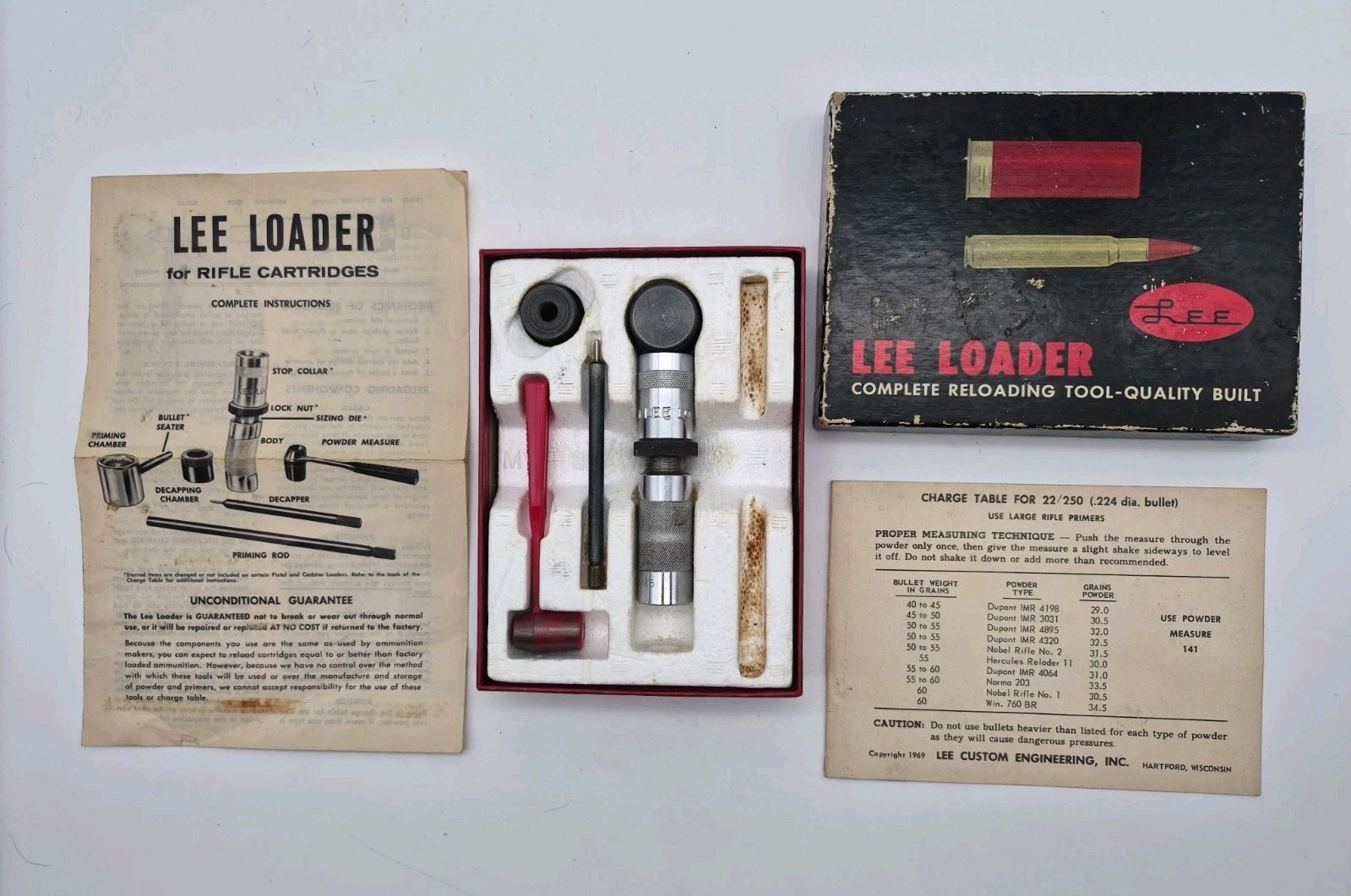 Vintage Lee loader .22/250 (.224 dia) Reloading Die Set - No Priming Rod