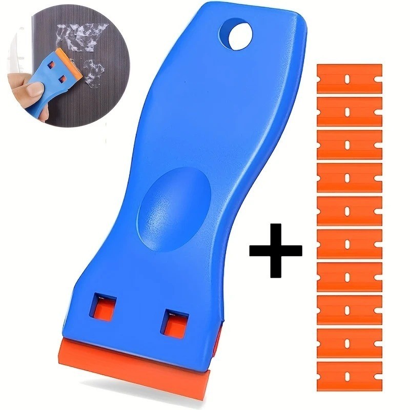 Plastic Car Sticker Remover Scraper Tool & 10 Blades Glass Window Clean