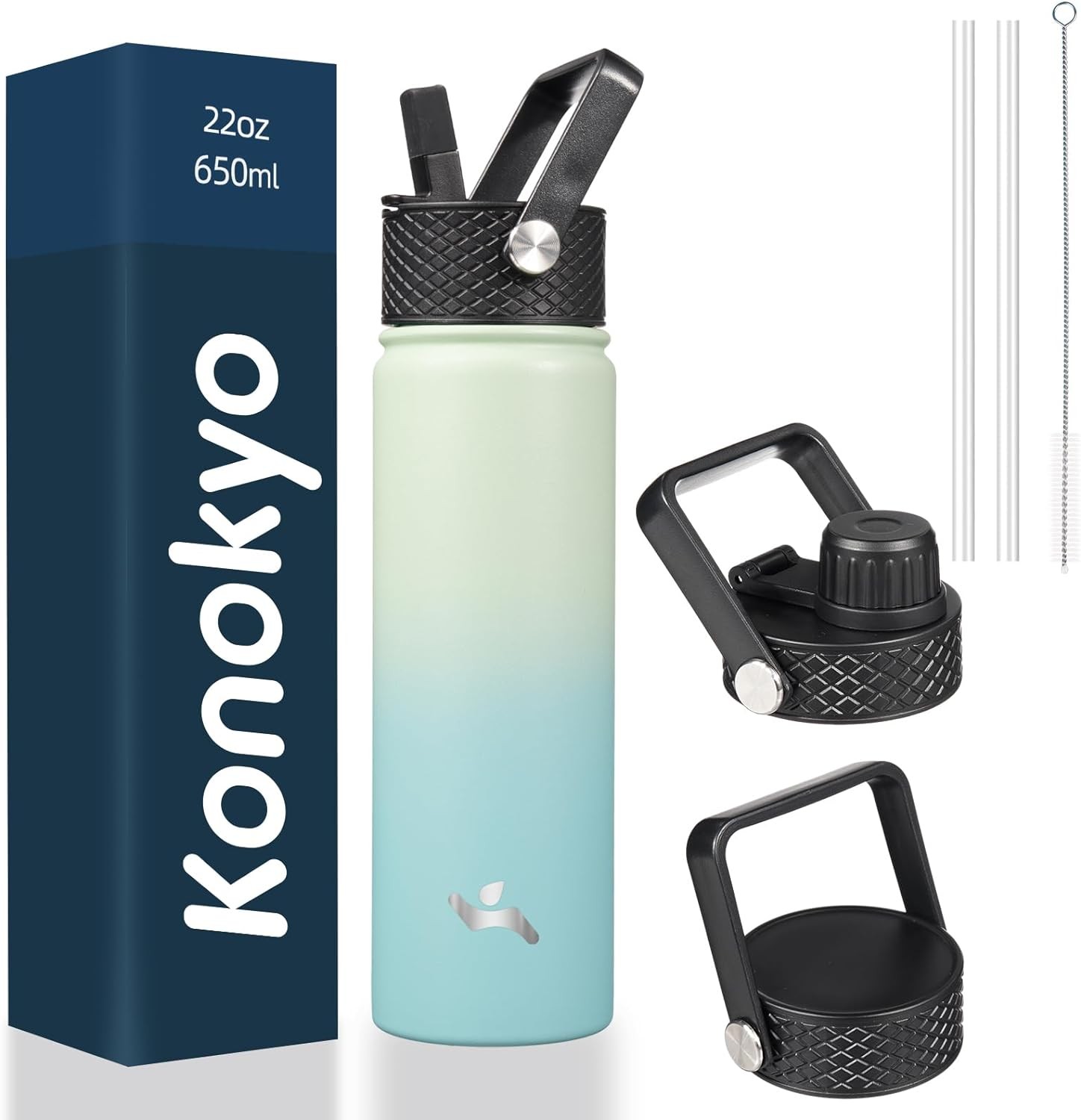 Konokyo 22oz Stainless Steel Bottles with 3 Lids Sport Insulated Water Bottle,Mi
