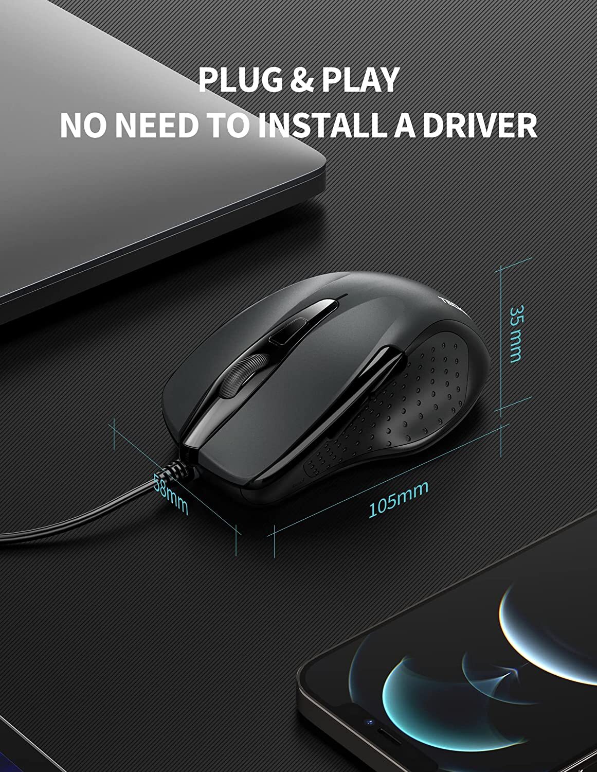 TECKNET 6-Button USB Wired Mouse with Side Buttons, Optical Computer Mouse