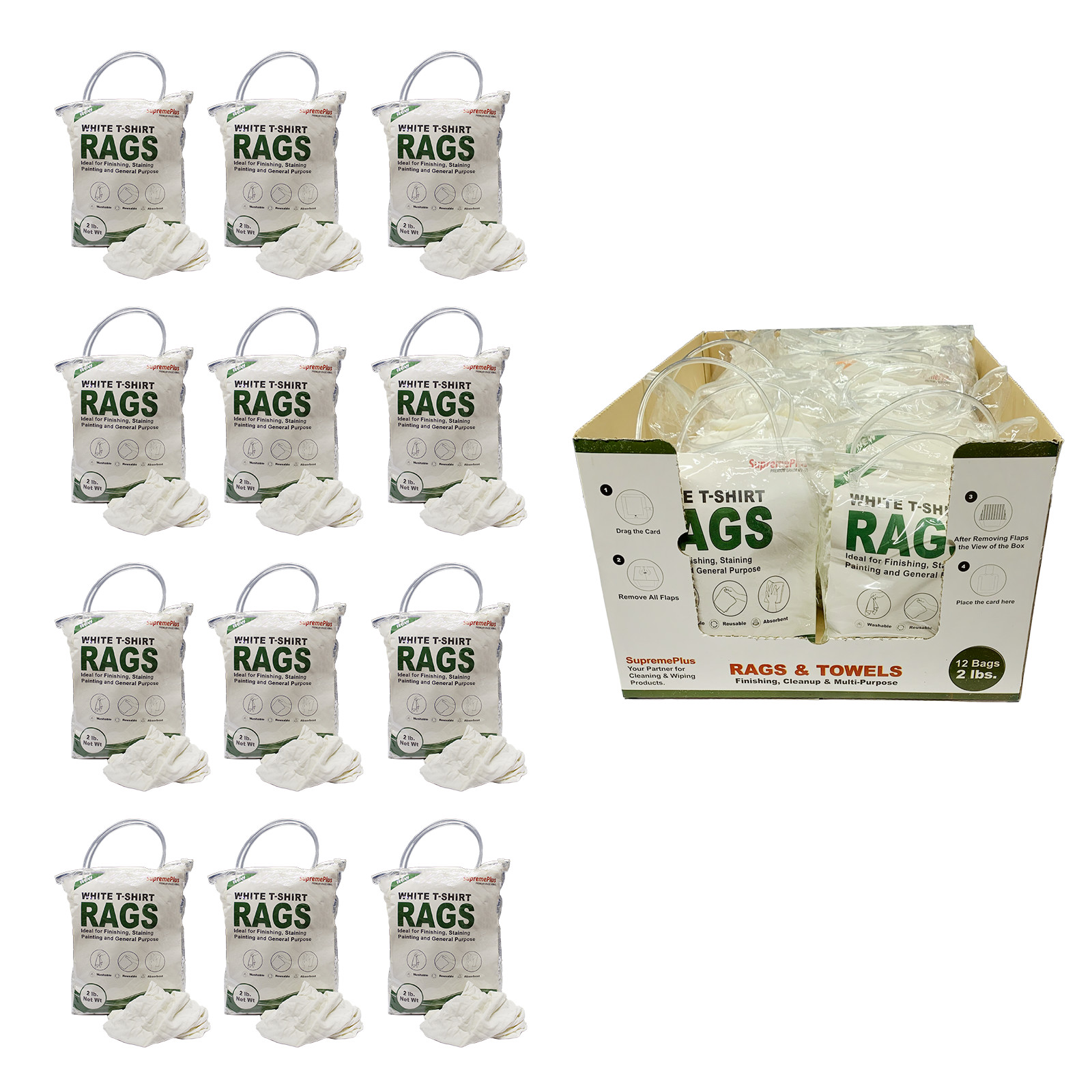 New White Knit T-Shirt Wiping Rags - 2 lbs. Bags (Case of 12) Multipurpose Cloth