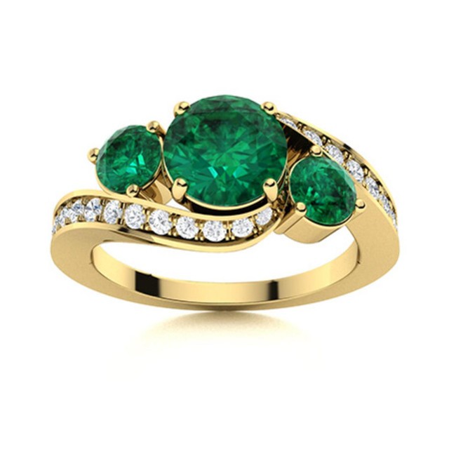 Emerald 5MM Round 925 Sterling Silver Gold Plated Three Stone Women Wedding Ring