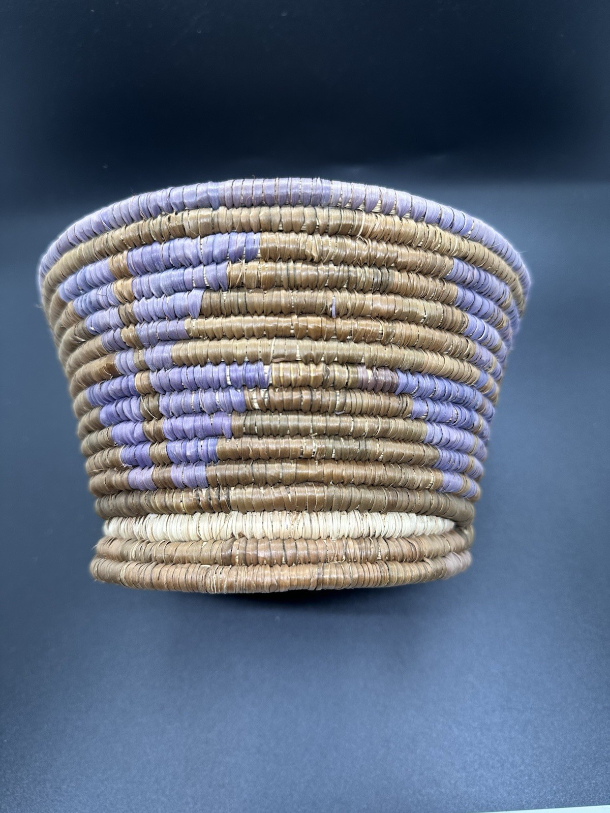 Vintage Hand Woven Coiled Basket Brown with Purple Pattern 7” Diameter 3.5” Deep