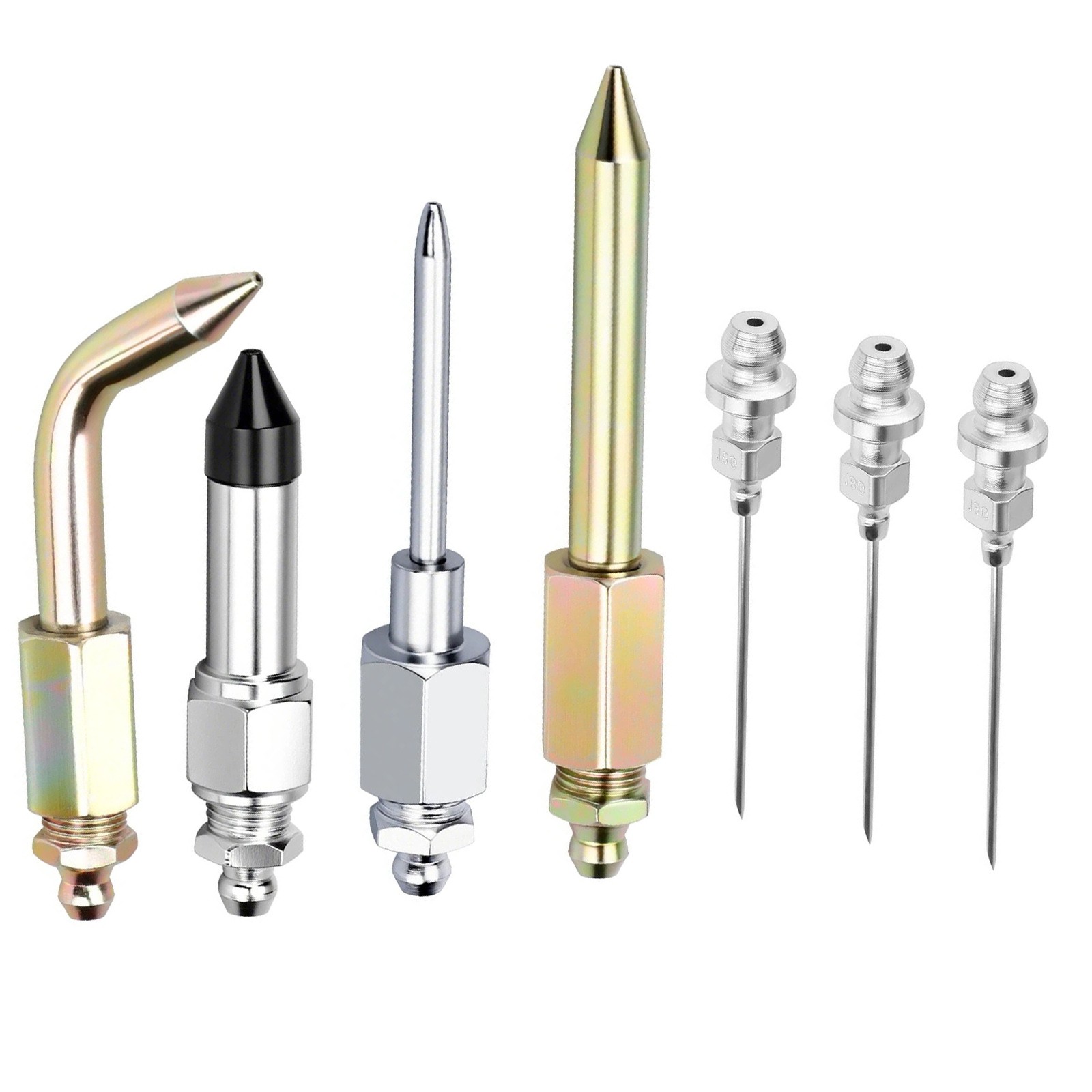 7 Piece Grease Nozzle Set for Manual Grease Guns with Needle Tips Bent Straight
