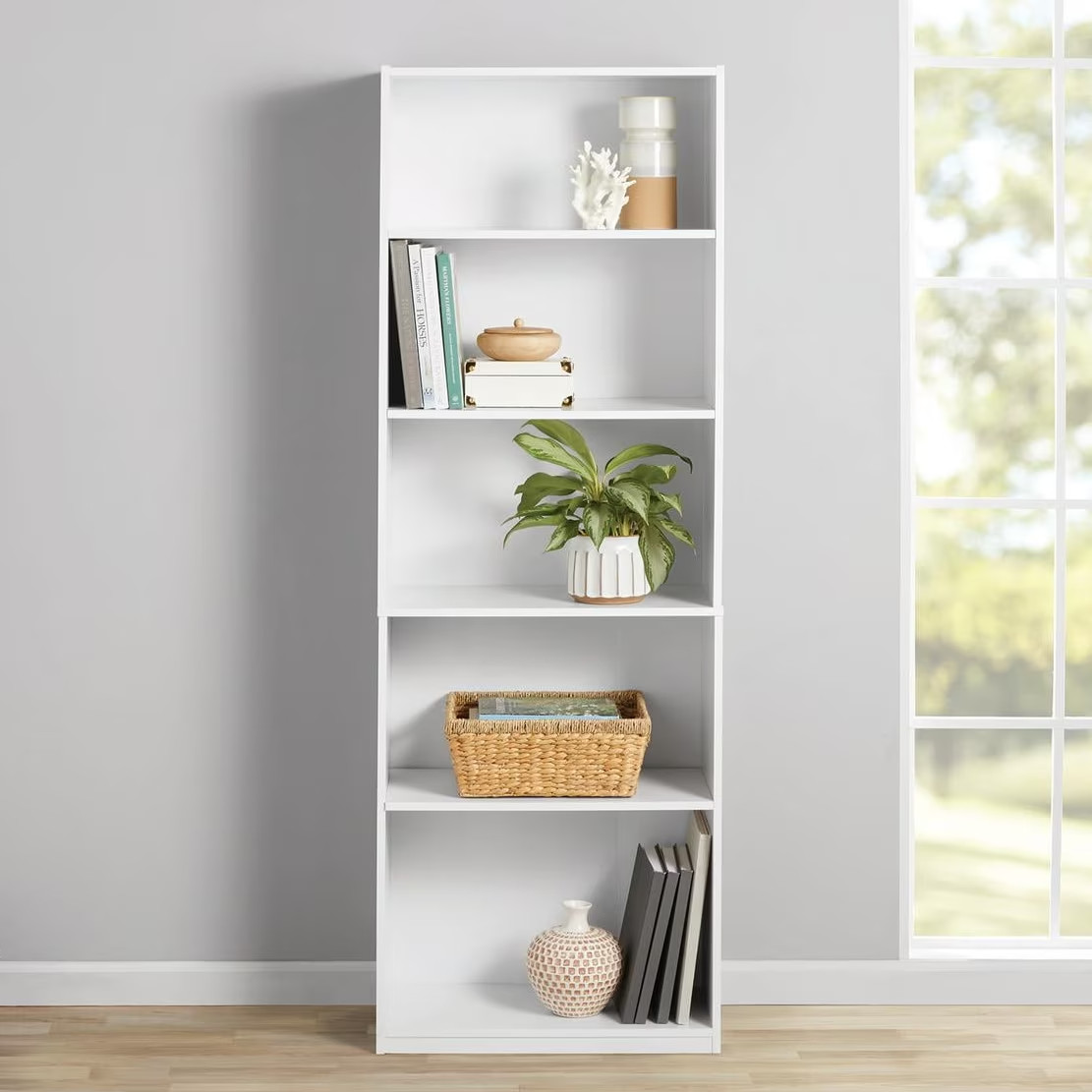 Mainstays 5-Shelf Bookcase with Adjustable Shelves, White 24.88" x 11.65"x 71.4"