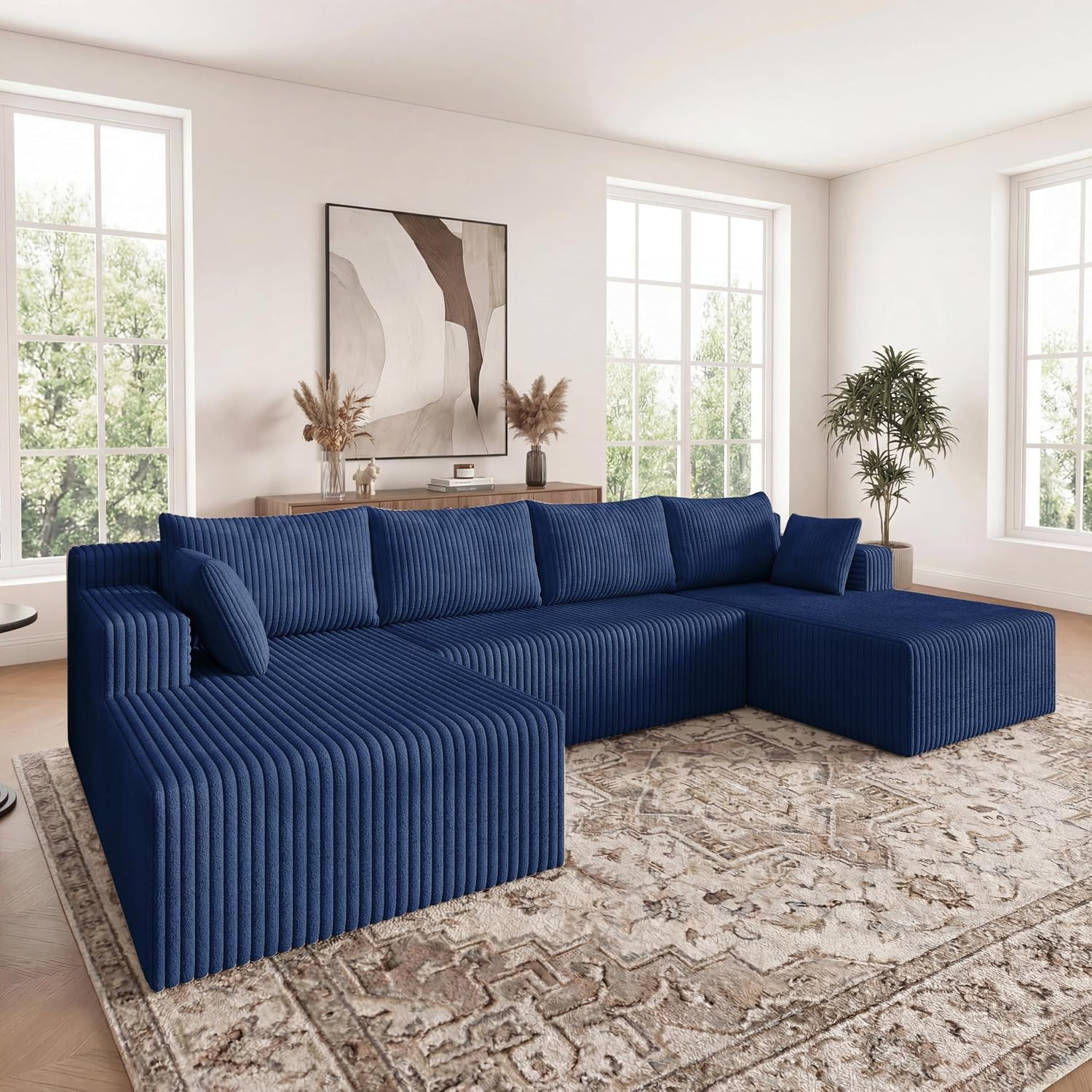 124" Boneless Sectional Sofa, U Shaped Corner Couch, Upholstered Corduroy Modula