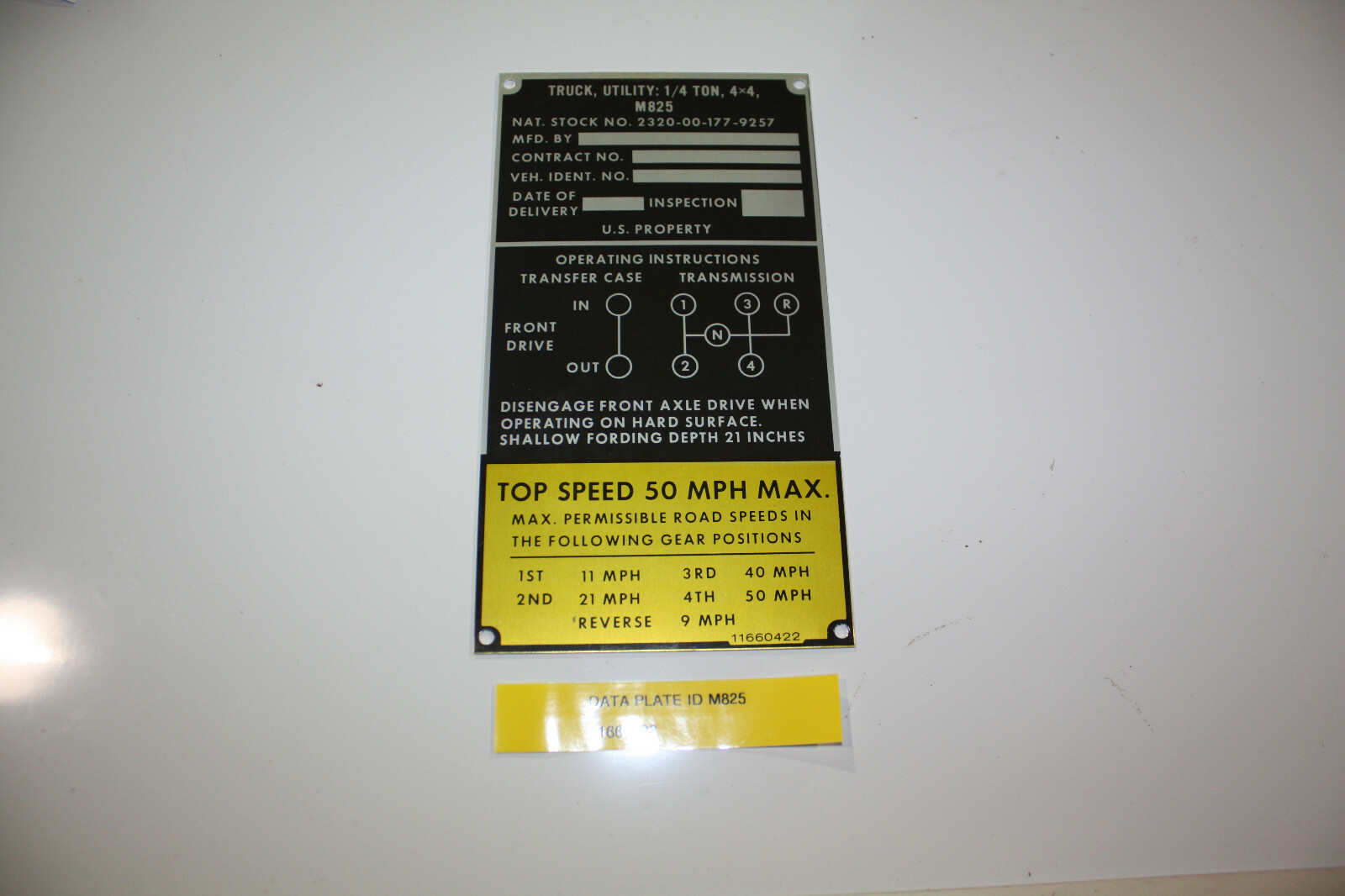ID PLATE M825, M151,M151A1,M151A2,MUTT,JEEP,MILITARY,PARTS,MILITARY SURPLUS