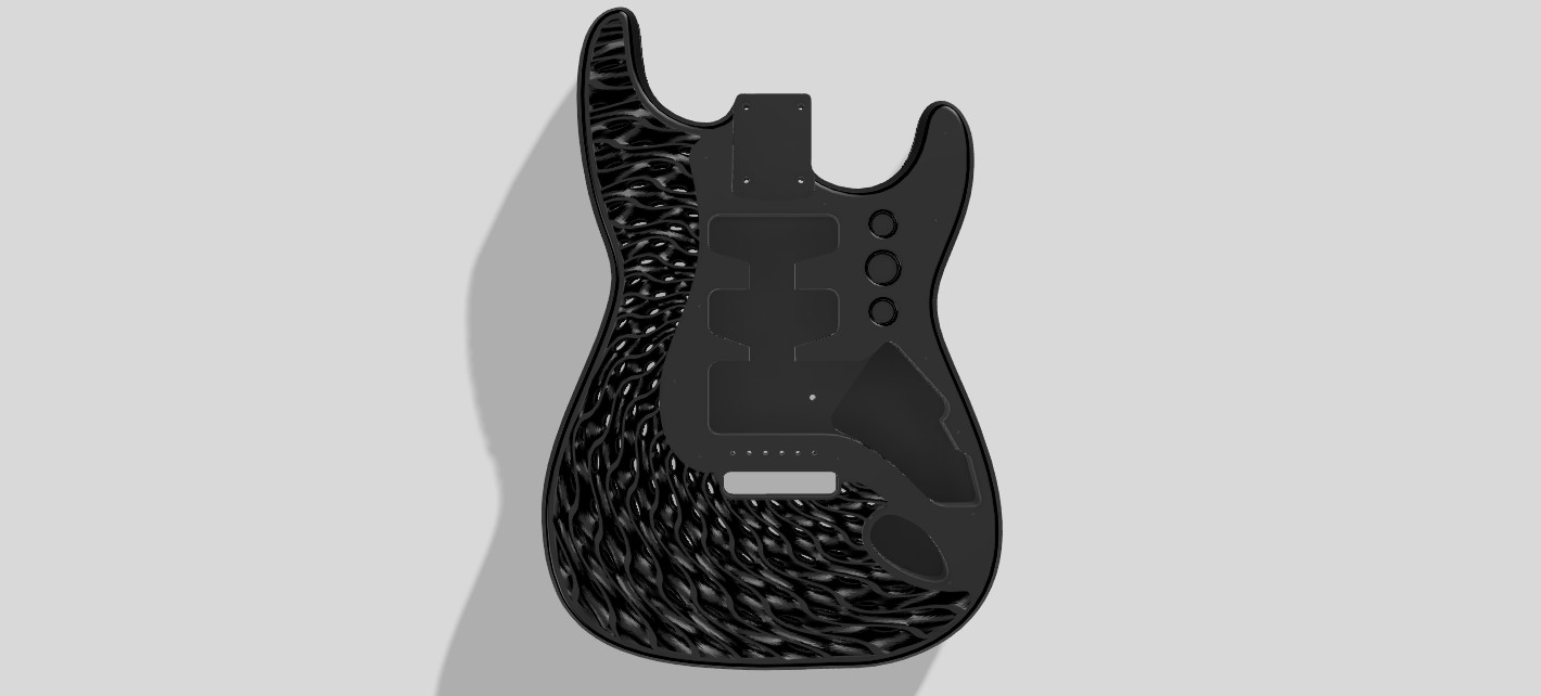3D Printed Fender Stratocaster Guitar Body, Custom, Spiral Gyroid, Black