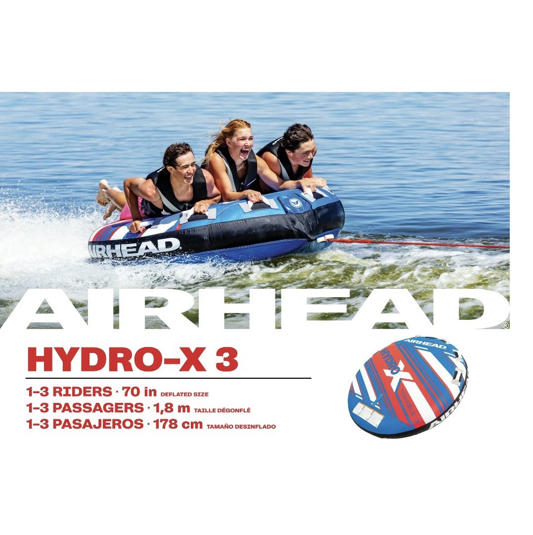 Airhead Hydro X 3 Person Towable Tube for Boating, Blue, White, & Red, 70"