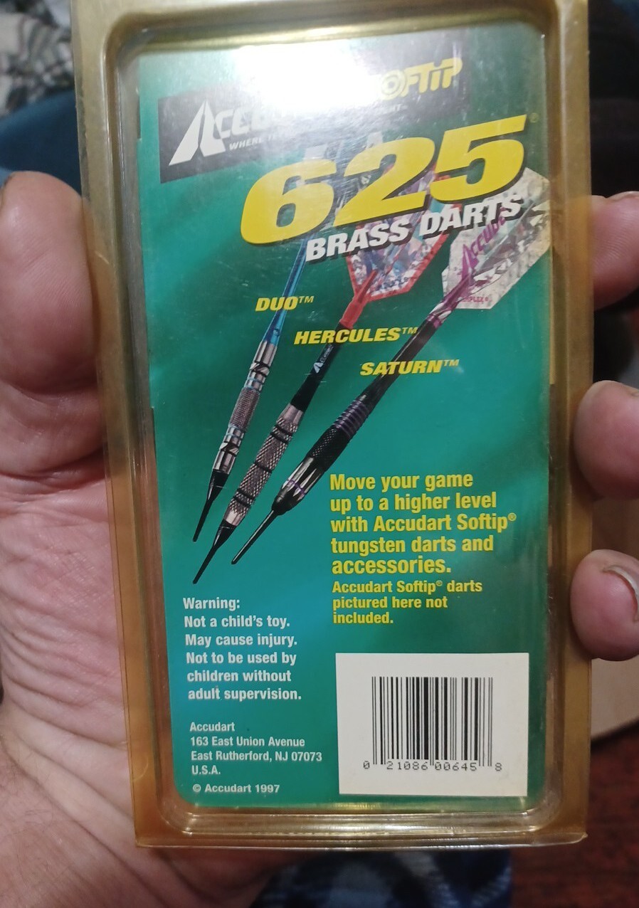 One Pack of Three Accudart 625 Soft Tip Brass Darts In Package