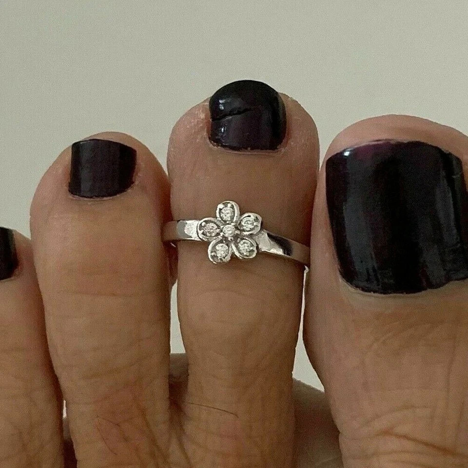Genuine Moissanite Womens Flower Adjustable Toe Ring in White Gold Plated Silver