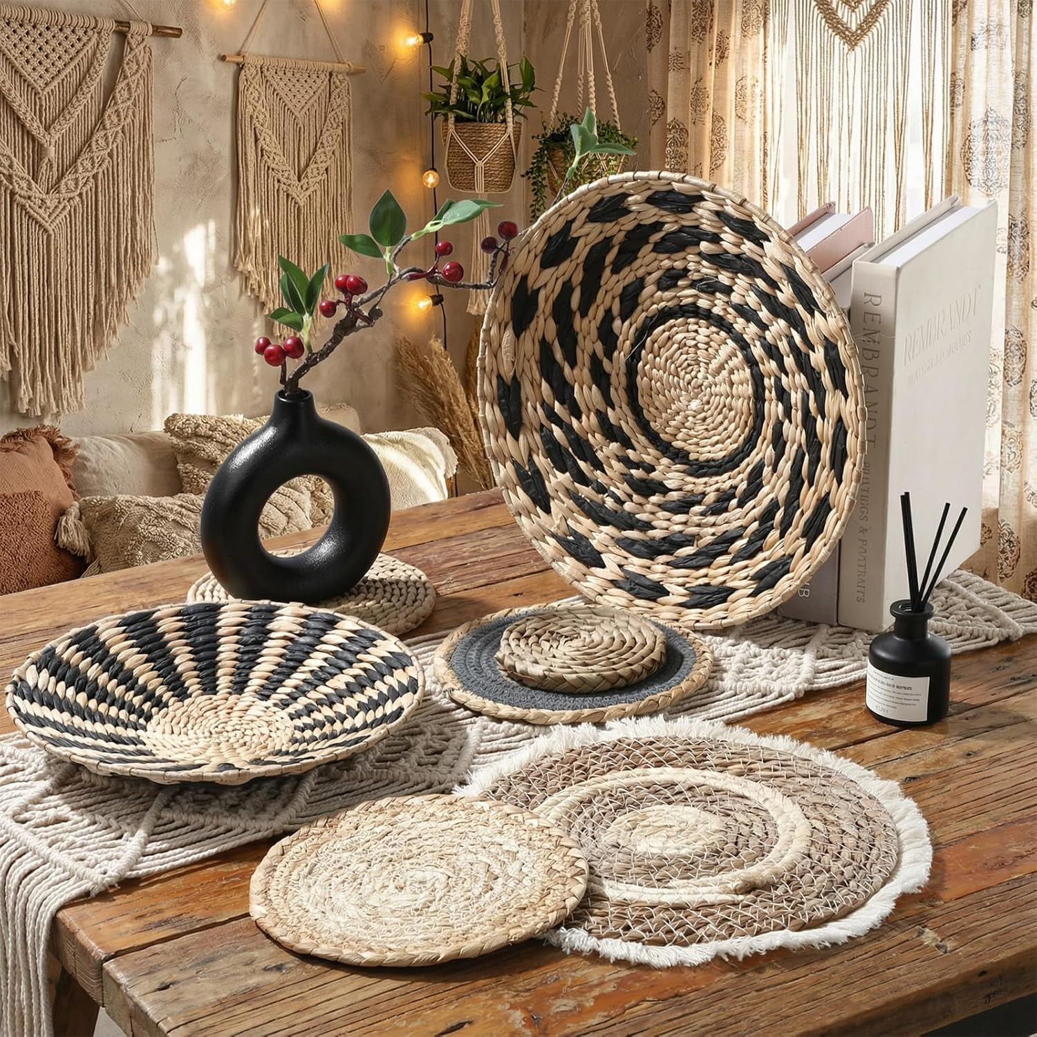 7 Pcs Boho Woven Wall Baskets - Rustic Farmhouse Decor for Home & Kitchen