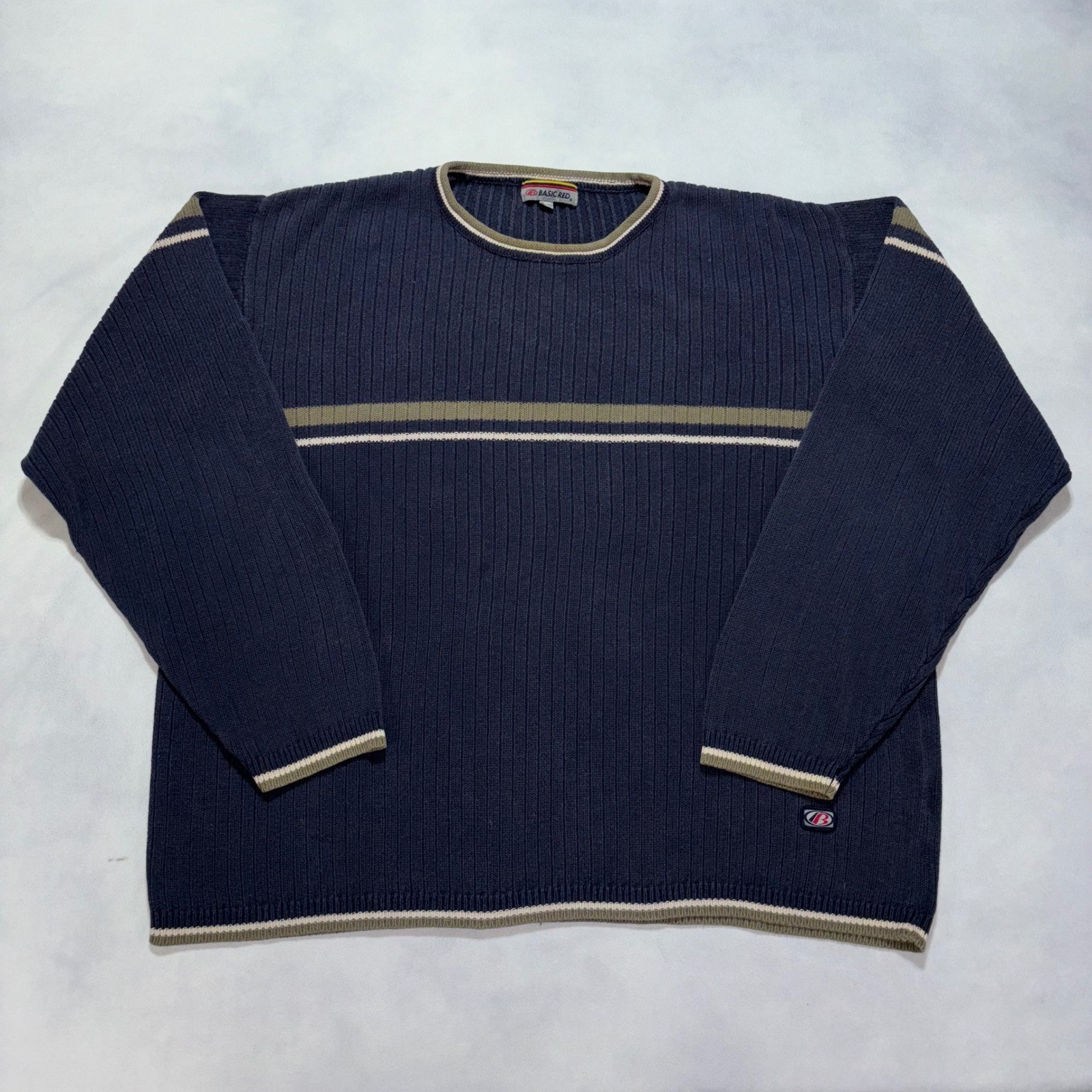 Vintage Mens Striped Ribbed Knit Sweater Size XL Navy Blue Chest Stripe Surf Y2K