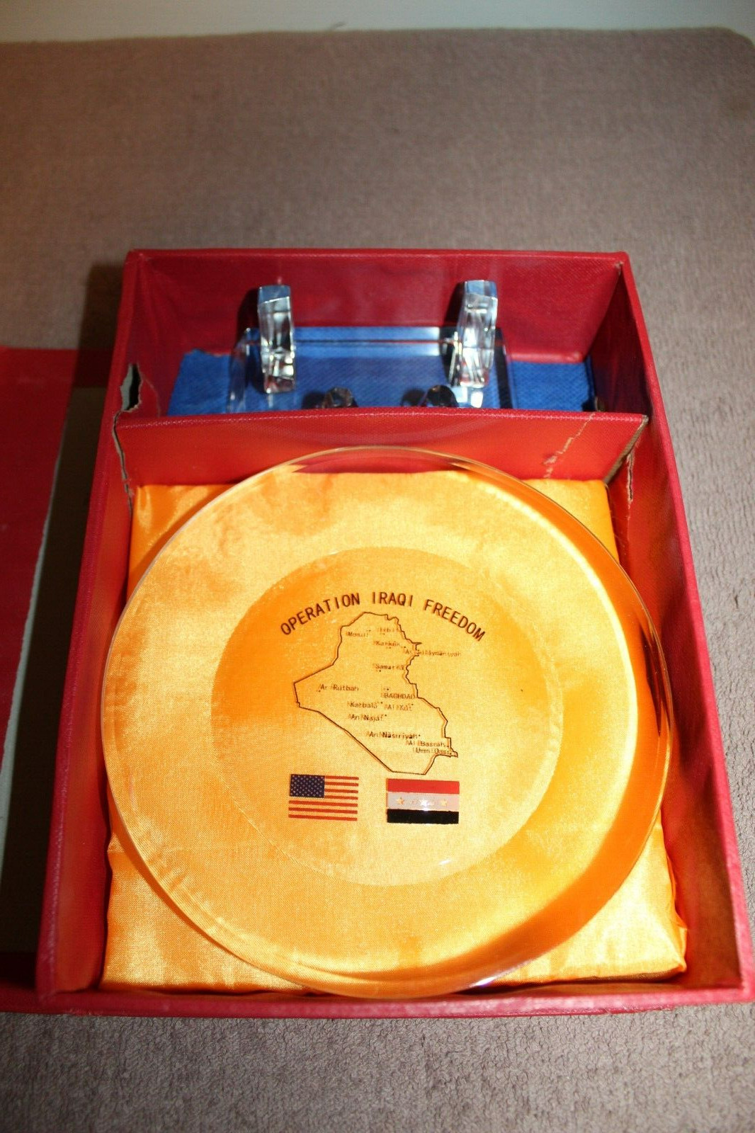 Original Operation Iraqi Freedom Service Glass Dish w/Glass Stand in Issue Box