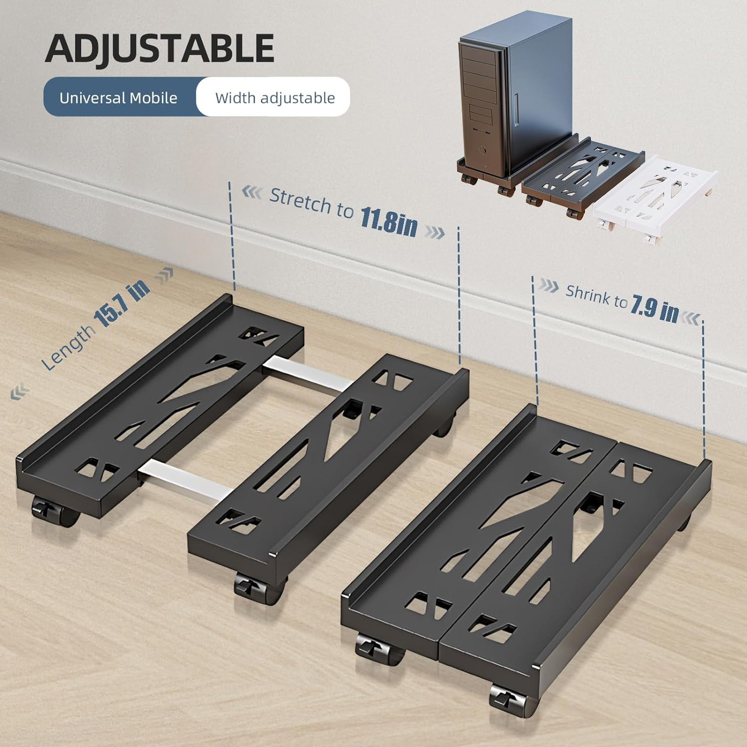 Adjustable Mobile CPU Stand, Ventilated Computer Tower Stand with 4 Caster Wheel