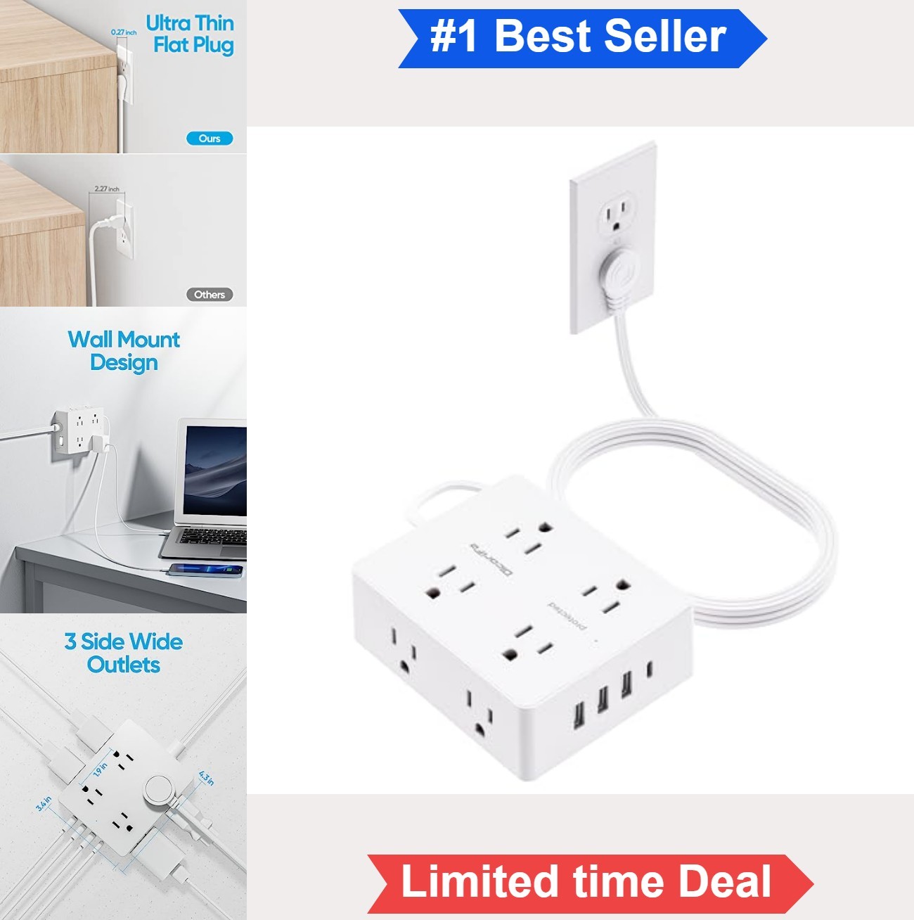 Power Strip 8 Outlets 4 USB Ports USB C 10 FT Extension Cord Flat Plug Wall