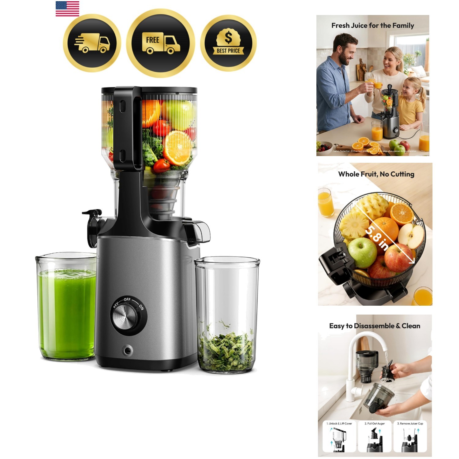 Cold Press Juicer Machines, 5.8" Wide Feed Chute, Slow Masticating Juicer for...
