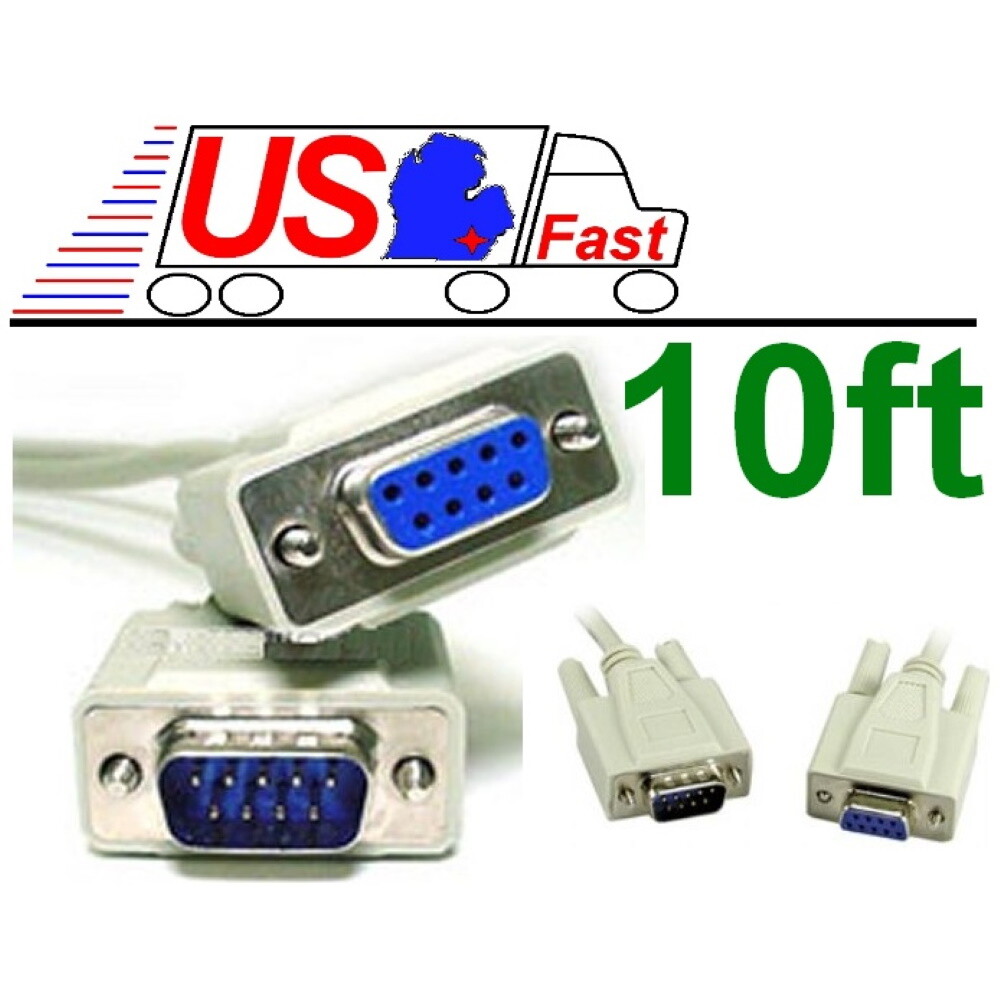 10ft DB9 pin Male-Female Extension Serial RS232 Straight Through Cable/Cord/Wire
