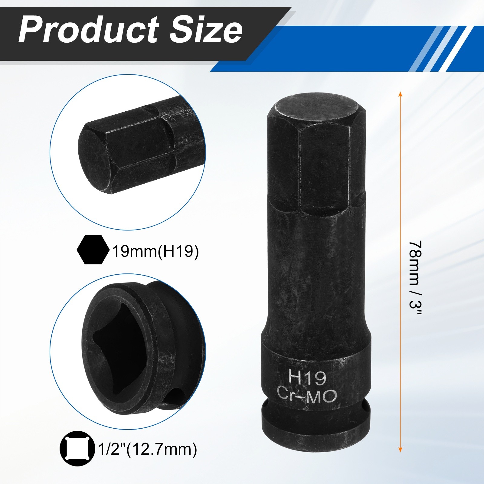 1/2" Drive Impact Hex Bit Socket 19mm Metric CR-MO Steel Hexagonal Socket
