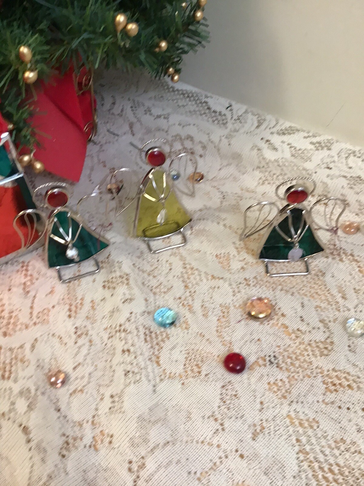 3 Stained Glass Angels - Green & Yellow Sun catchers / Ornaments - Free Standing