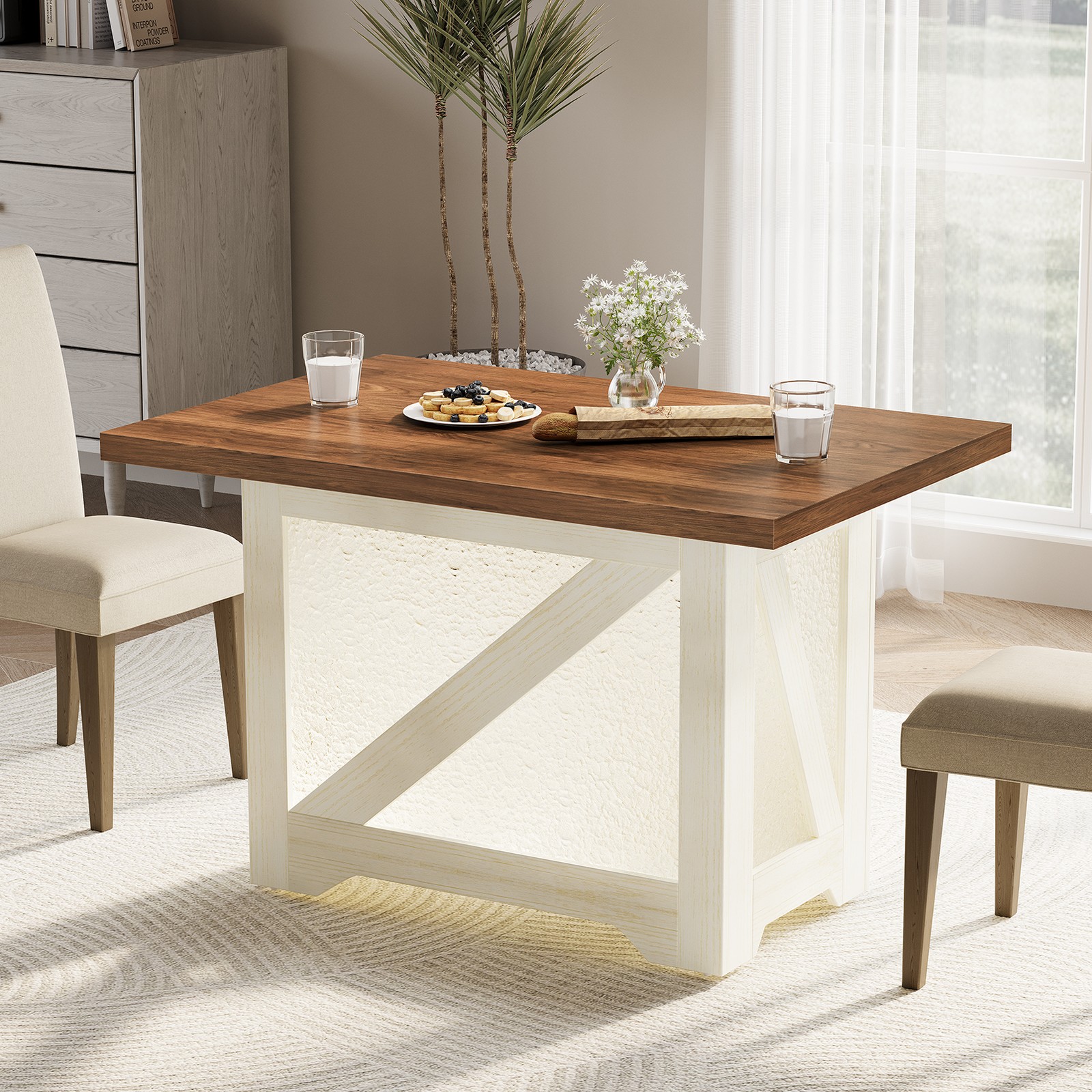 47 Inch Farmhouse Dining Table for 4, Rectangular, Translucent Acrylic X-Base,