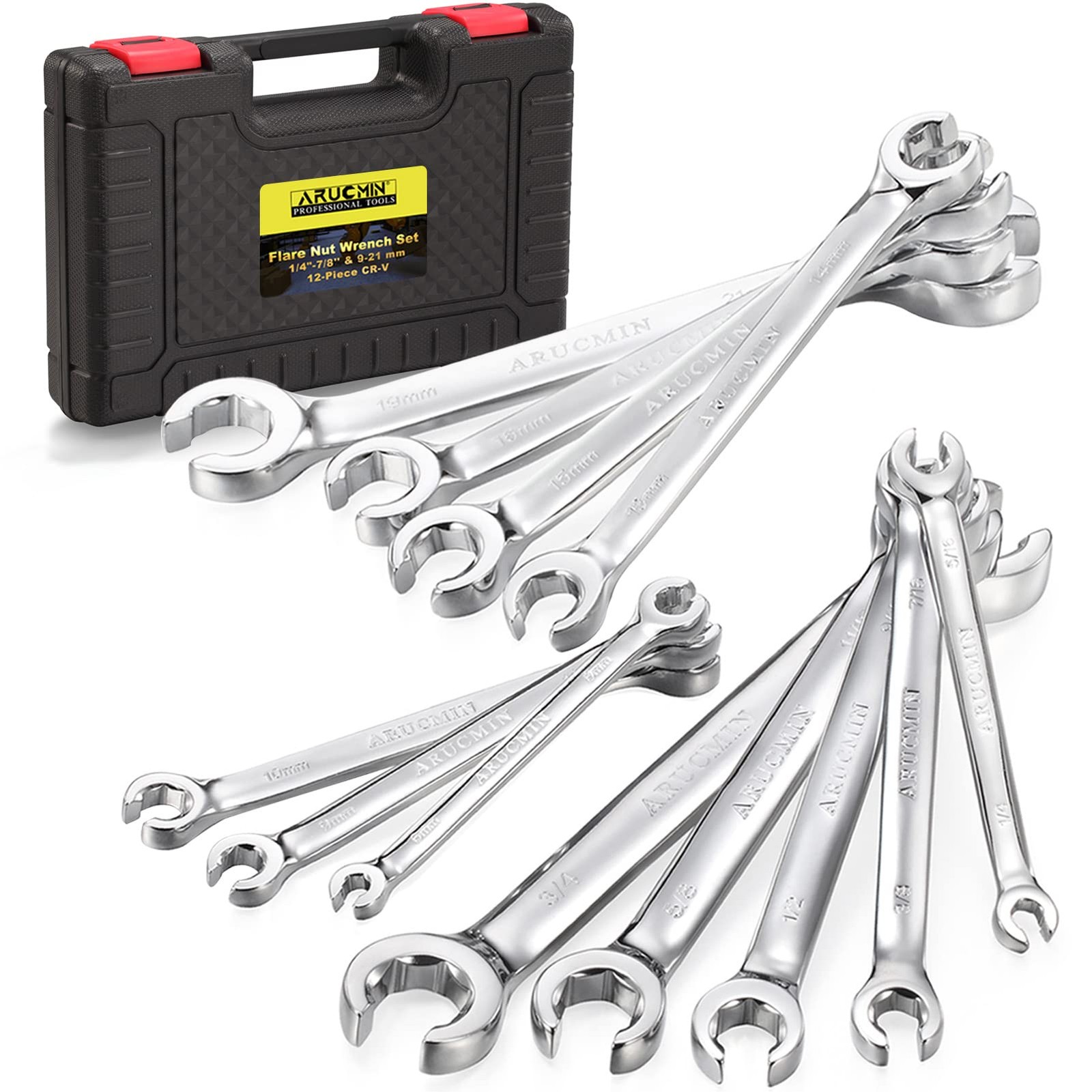 ARUCMIN Flare Nut Wrench Set,12-Piece Chrome Vanadium 12-piece Metric & Sae
