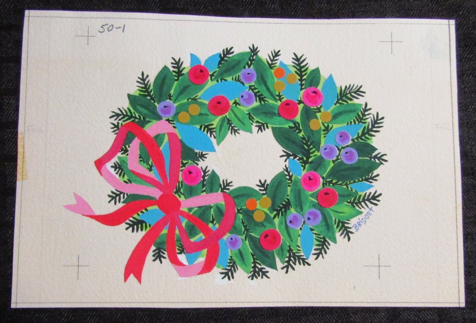 MERRY CHRISTMAS Wreath w/ Purple Berries & Ribbon 8x5.5" Greeting Card Art #501