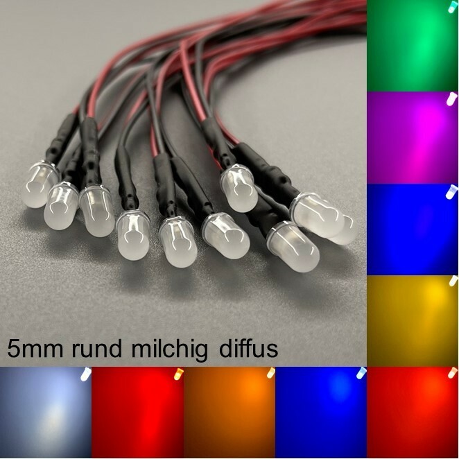 Wired 5mm LEDs Round Milky Diffused All Colours 5mm LED Resistors