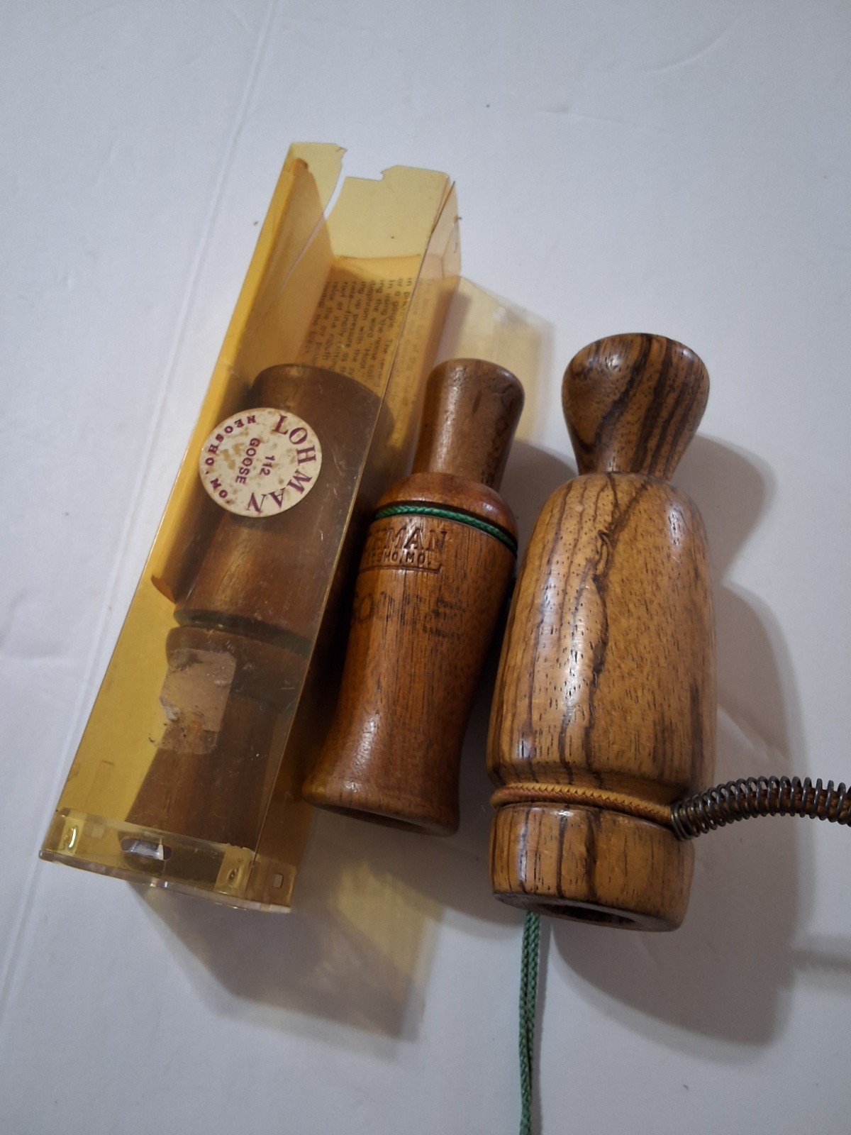 LOHMAN WOOD GOOSE WATERFOWL CALL W Laynyard + 2 OTHER GOOSE/ DUCK CALLS VTG