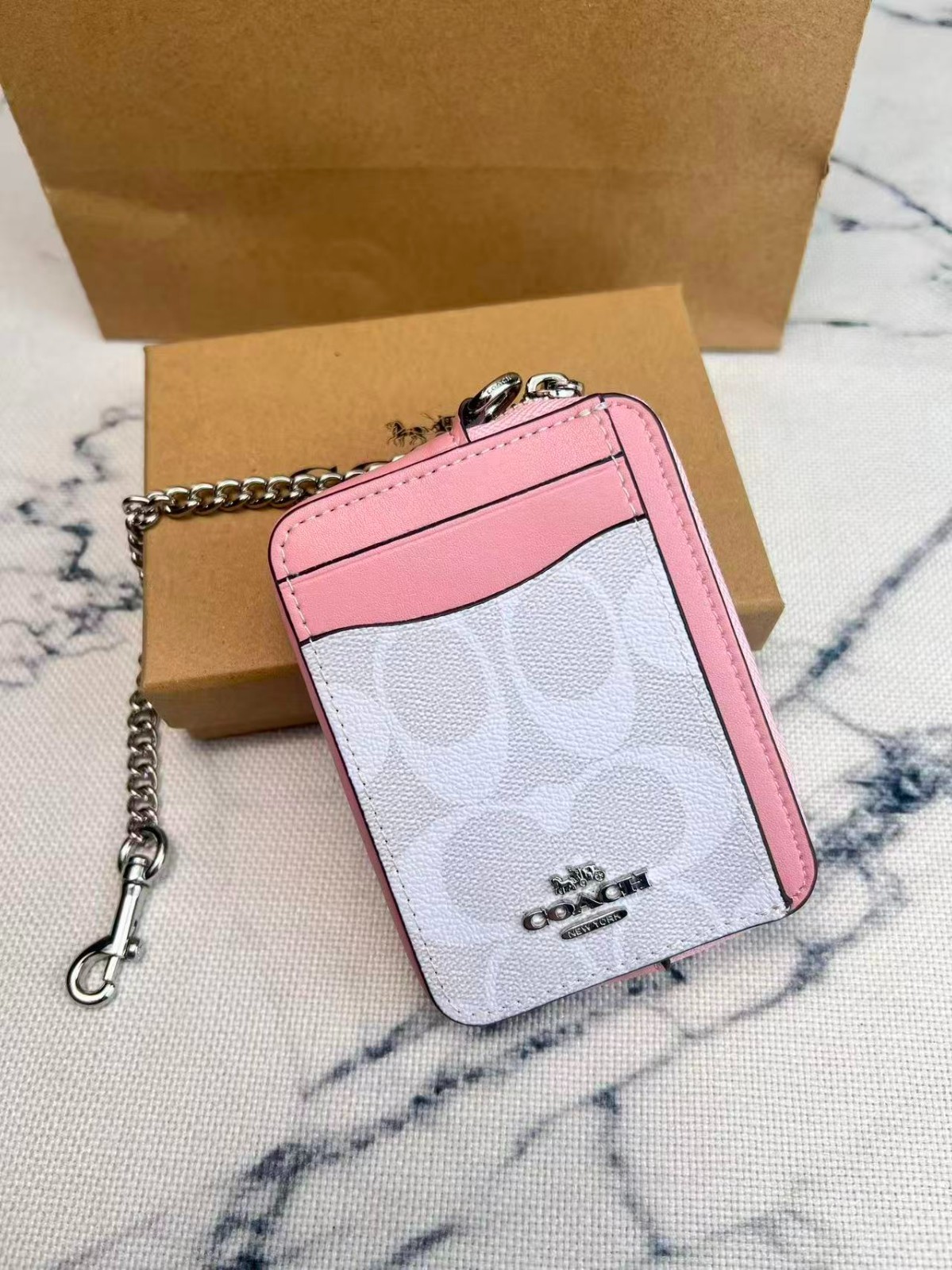 NWT Coach Zip Card Case In Signature Canvas Dusty Pink/ Silver/Carnation Cw883