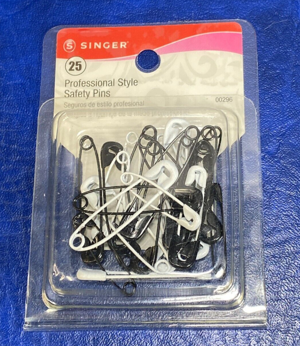 One Package of 25 Count Singer Professional Style Safety Pins Black & White