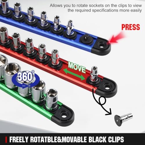 Magnetic Socket Organizer Set | 1/4" 3/8" 1/2" Socket Rail with 120 Clips |