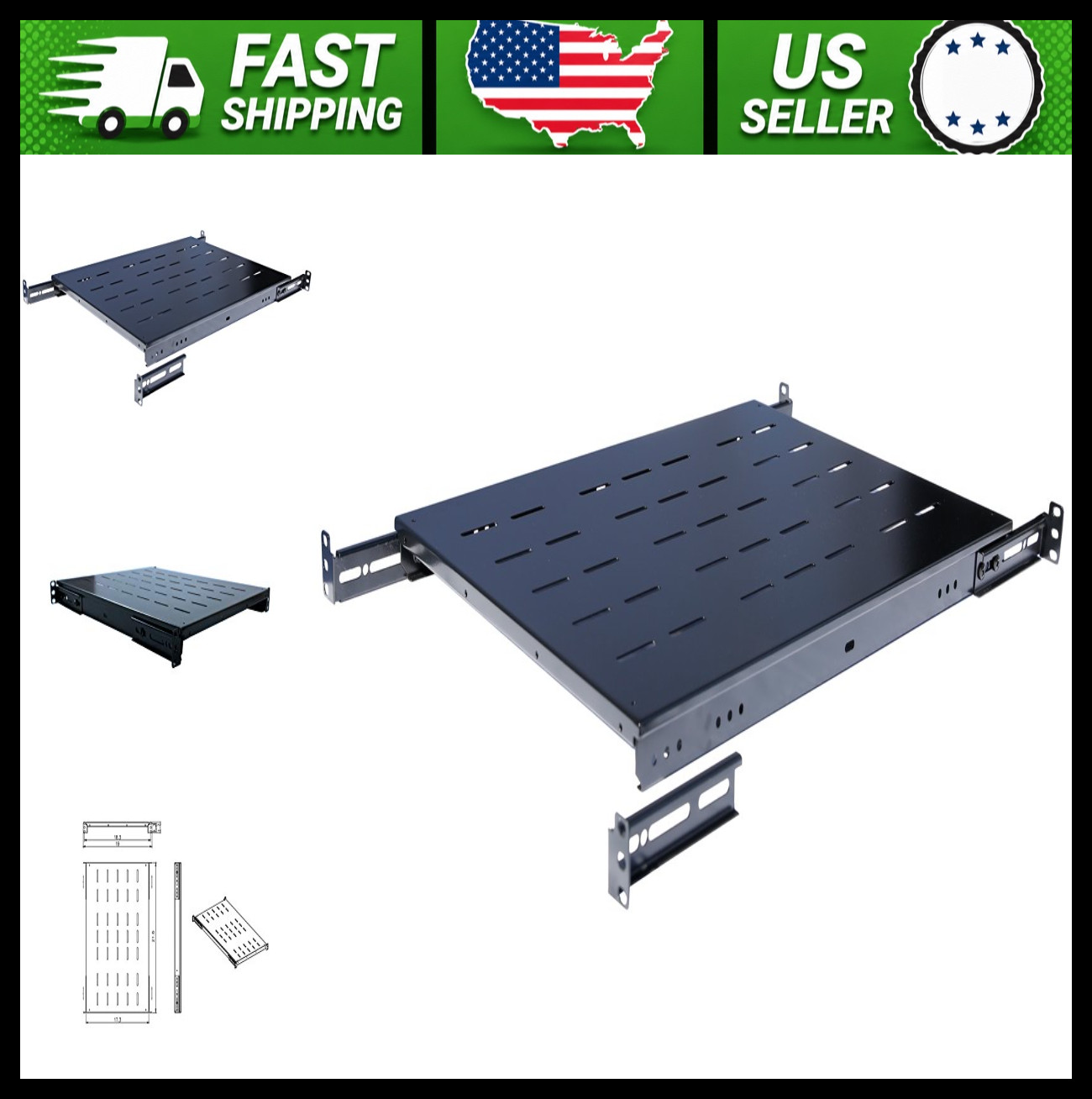 1U 19in Fixed Rack Server Shelf Adjustable 21.5-28in Depth for 4-Post Rack